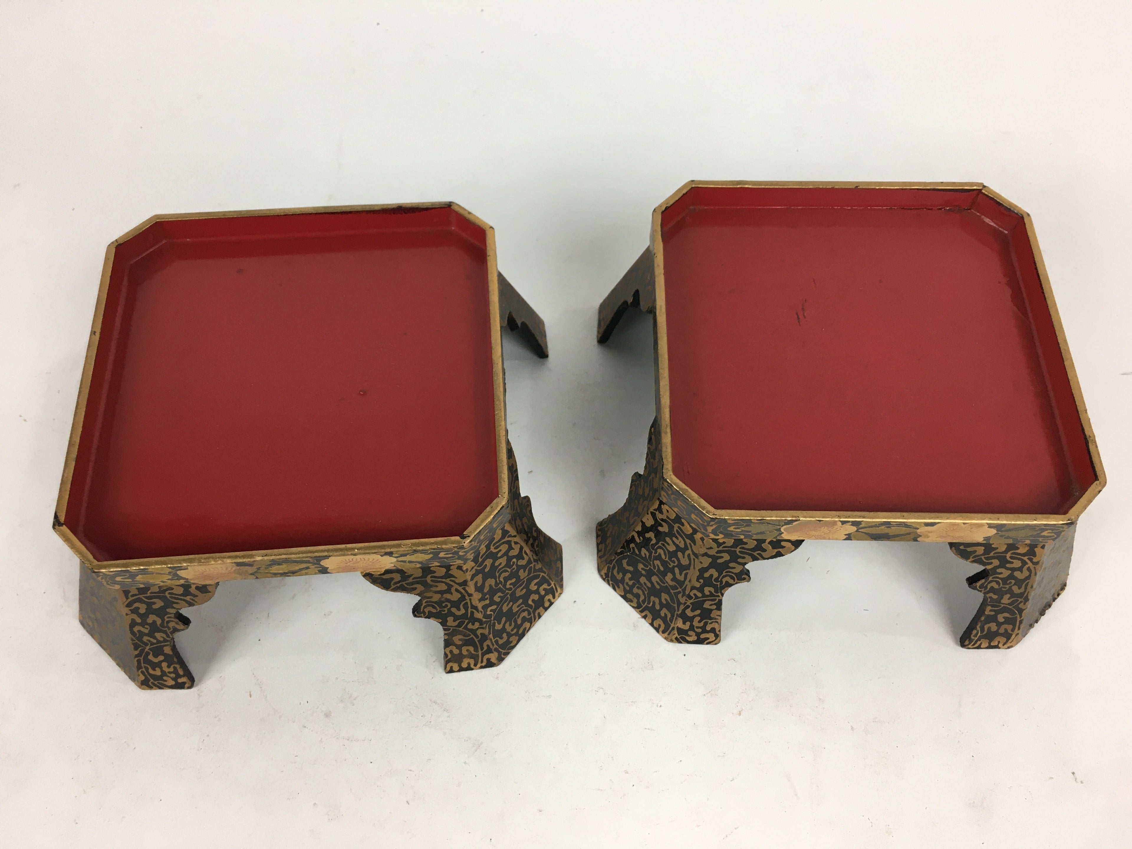 Japanese Hina Doll Tray And Bowls Flower Stand 2Pair Set Vtg Wood Miniature ID40
