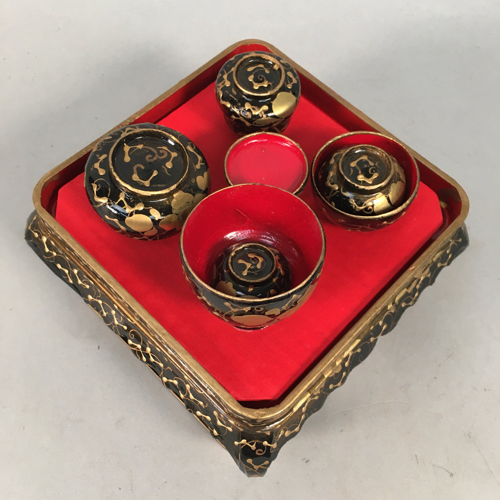 Japanese Hina Doll Tray Bowl Set Vtg Lacquer Gold Makie Wood Miniature ID351