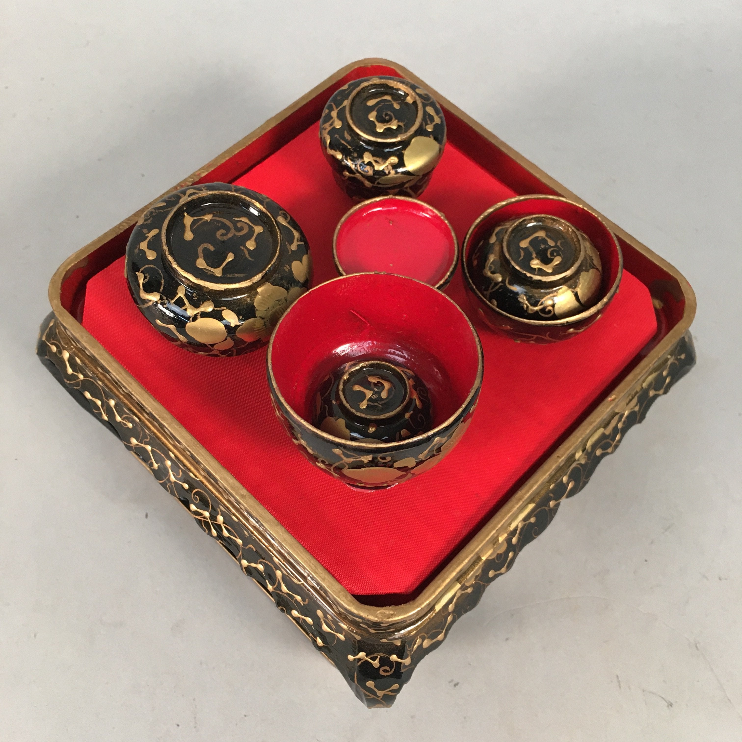 Japanese Hina Doll Tray Bowl Set Vtg Lacquer Gold Makie Wood Miniature ID351