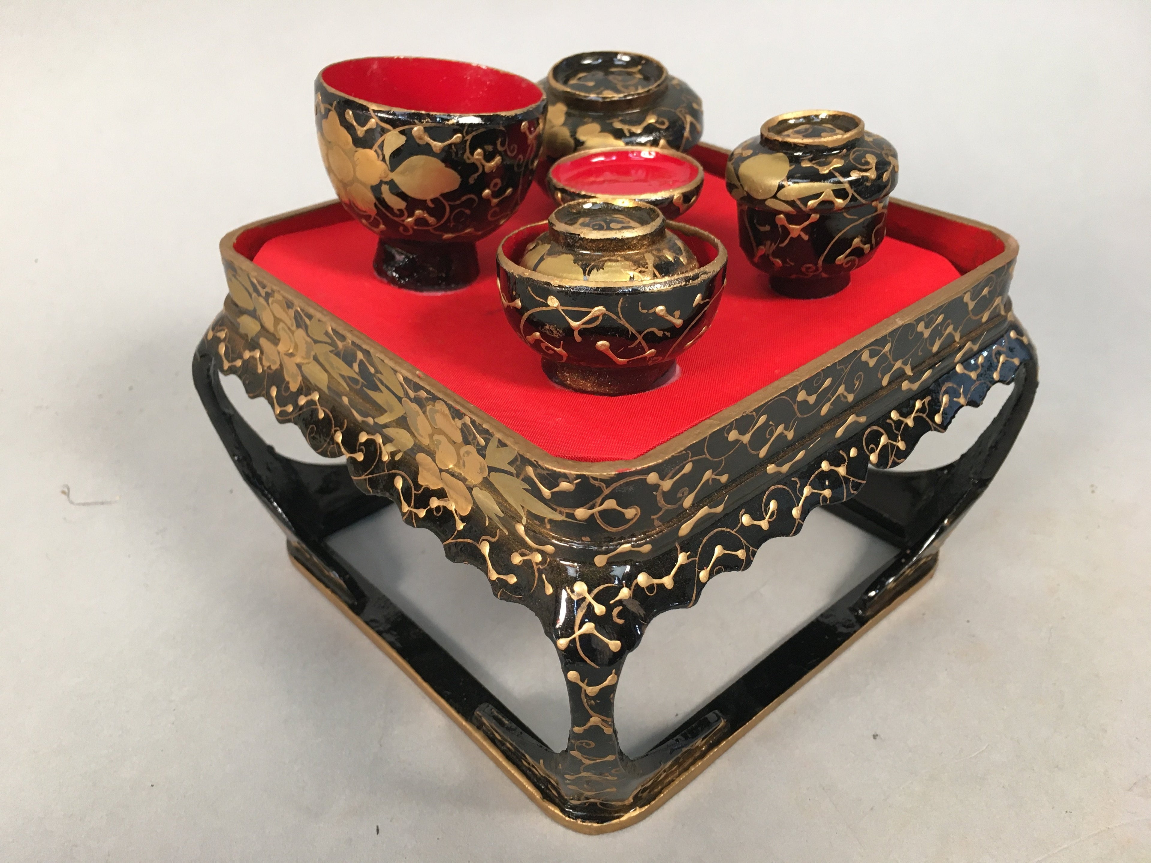 Japanese Hina Doll Tray Bowl Set Vtg Lacquer Gold Makie Wood Miniature ID351