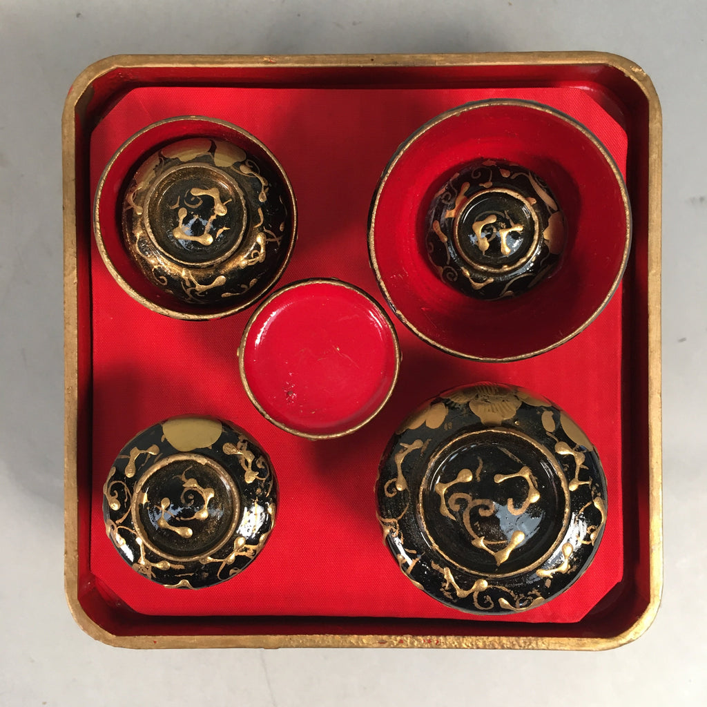 Japanese Hina Doll Tray Bowl Set Vtg Lacquer Gold Makie Wood Miniature ID351