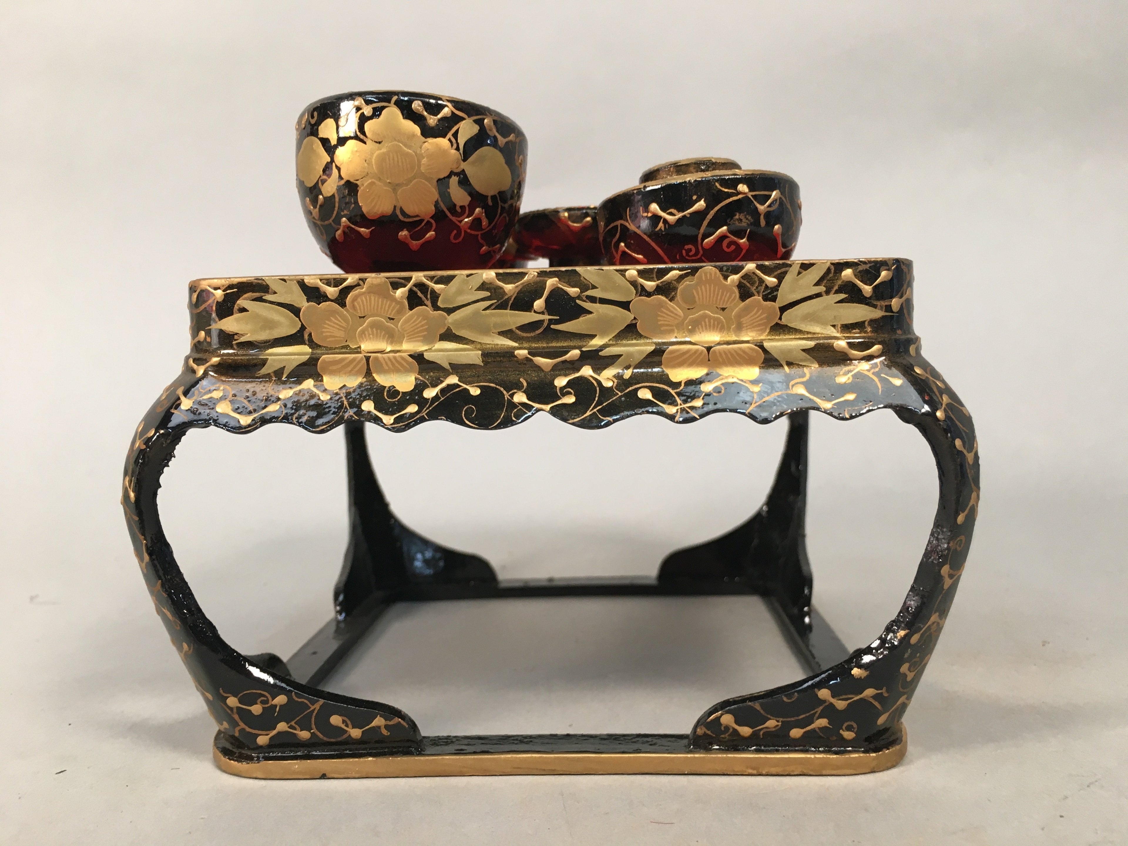 Japanese Hina Doll Tray Bowl Set Vtg Lacquer Gold Makie Wood Miniature ID351