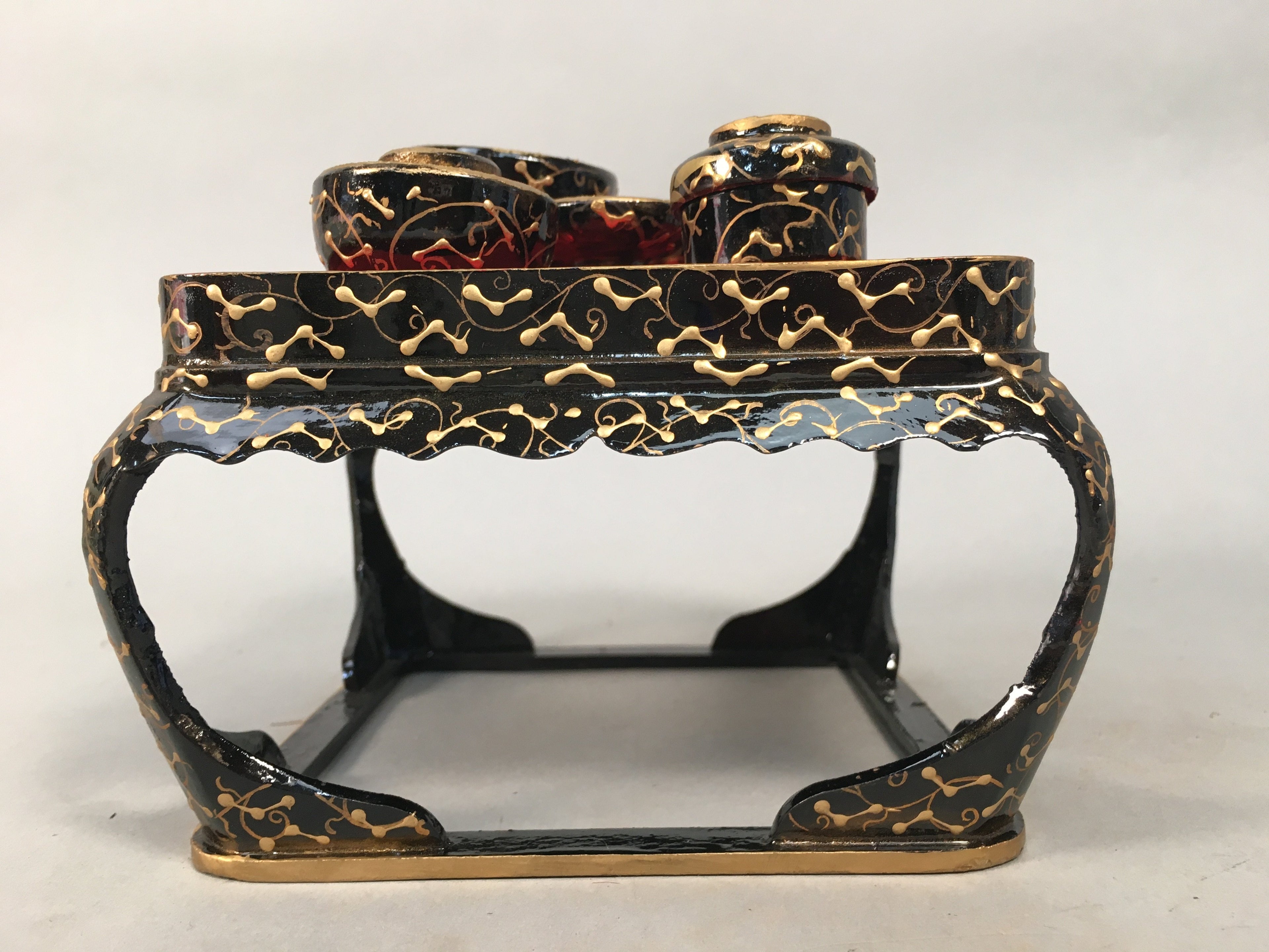 Japanese Hina Doll Tray Bowl Set Vtg Lacquer Gold Makie Wood Miniature ID351