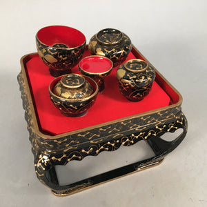 Japanese Hina Doll Tray Bowl Set Vtg Lacquer Gold Makie Wood Miniature ID351