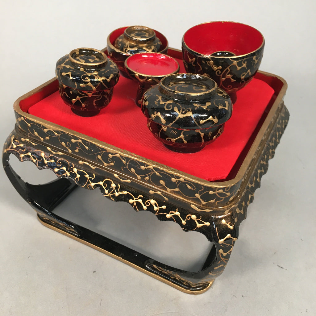 Japanese Hina Doll Tray Bowl Set Vtg Lacquer Gold Makie Wood Miniature ID351
