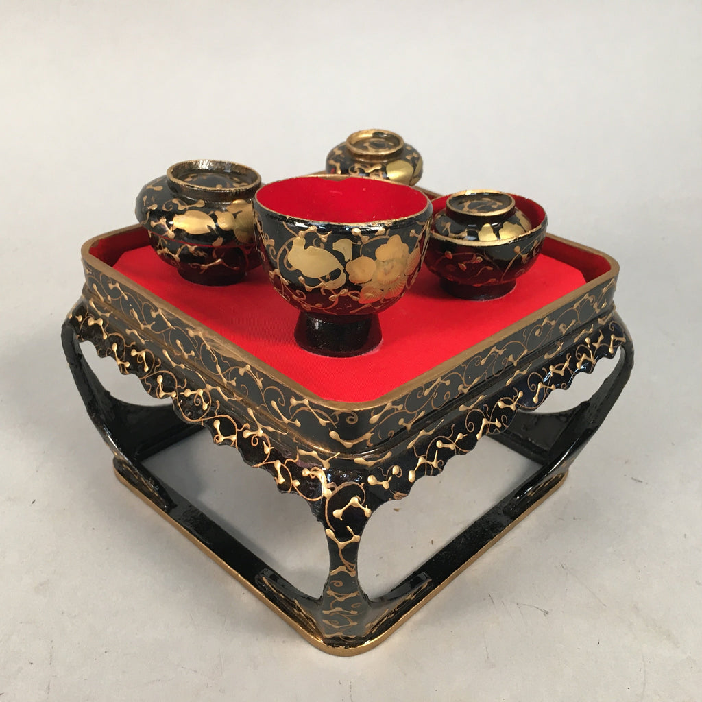 Japanese Hina Doll Tray Bowl Set Vtg Lacquer Gold Makie Wood Miniature ID352