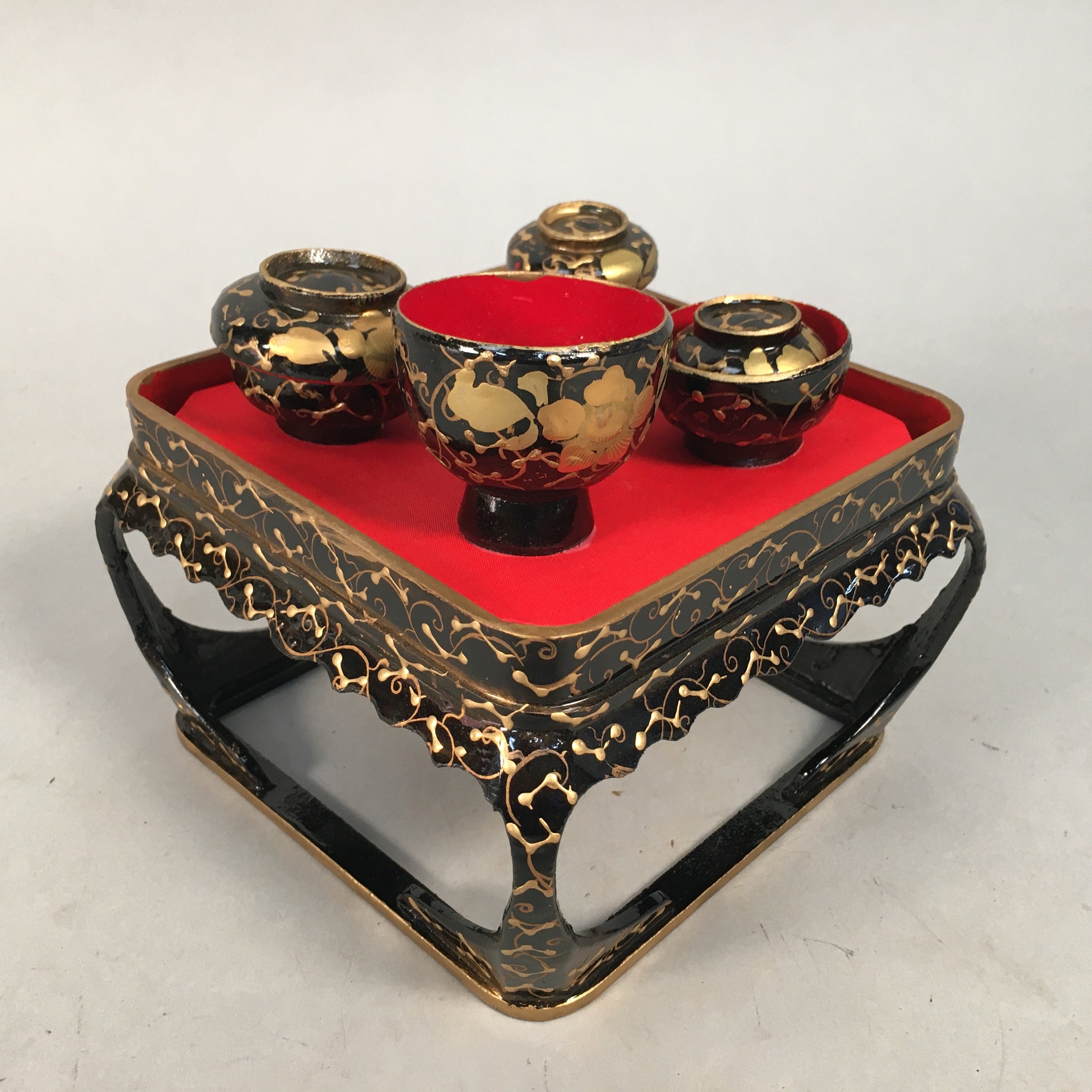 Japanese Hina Doll Tray Bowl Set Vtg Lacquer Gold Makie Wood Miniature ID352