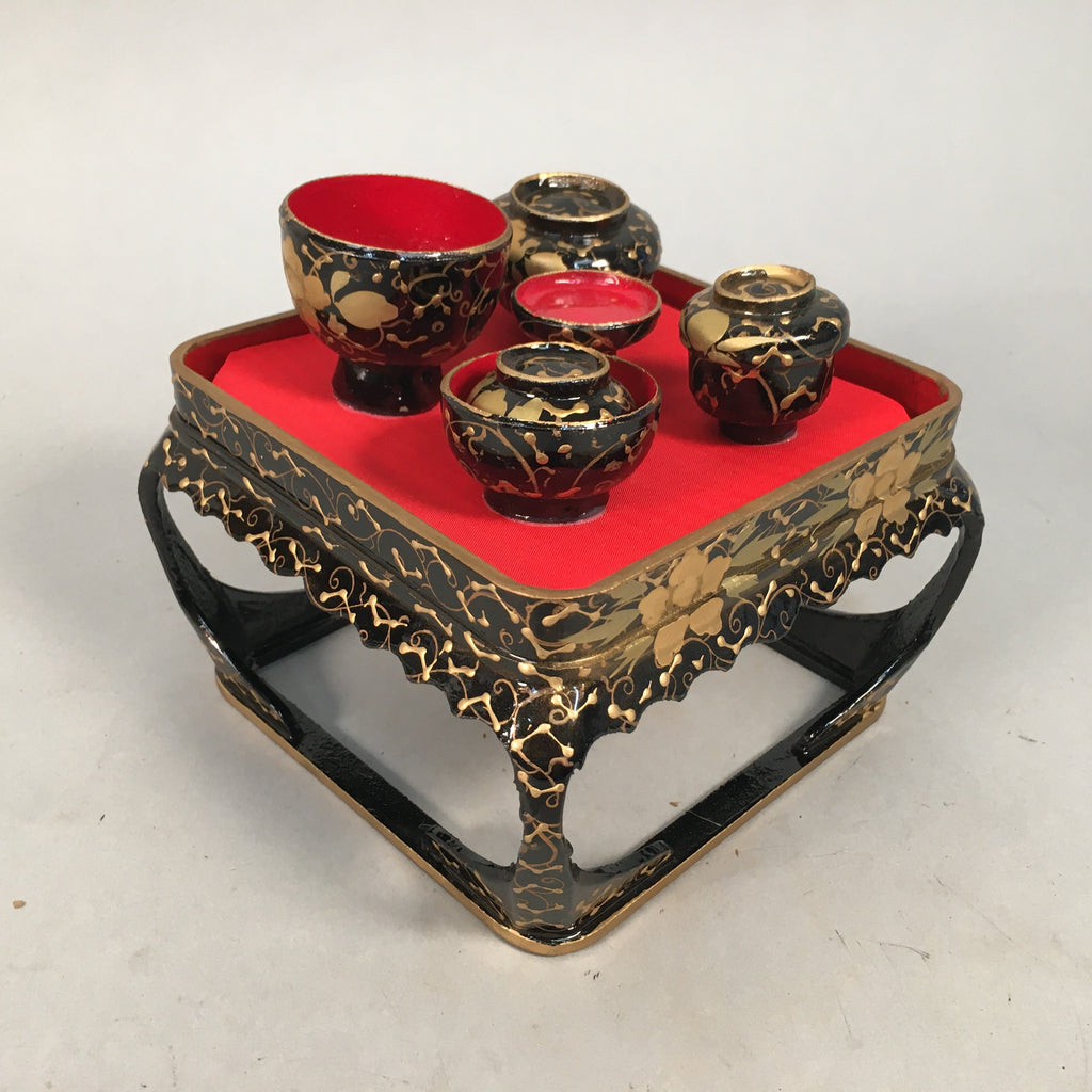 Japanese Hina Doll Tray Bowl Set Vtg Lacquer Gold Makie Wood Miniature ID352