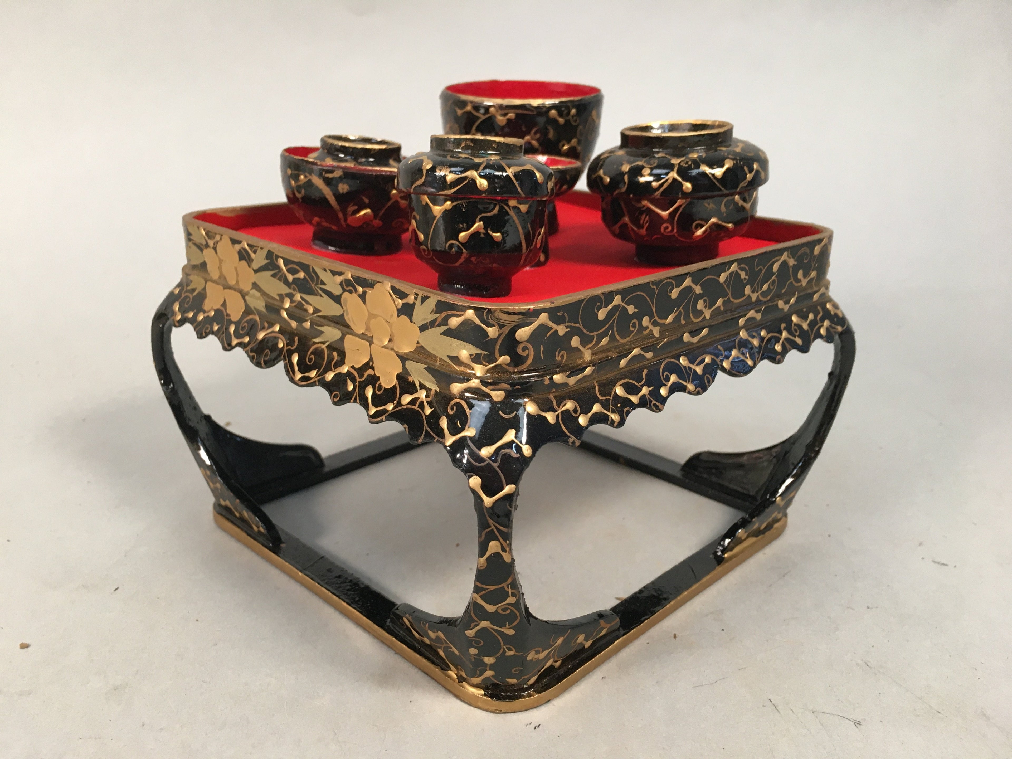 Japanese Hina Doll Tray Bowl Set Vtg Lacquer Gold Makie Wood Miniature ID352