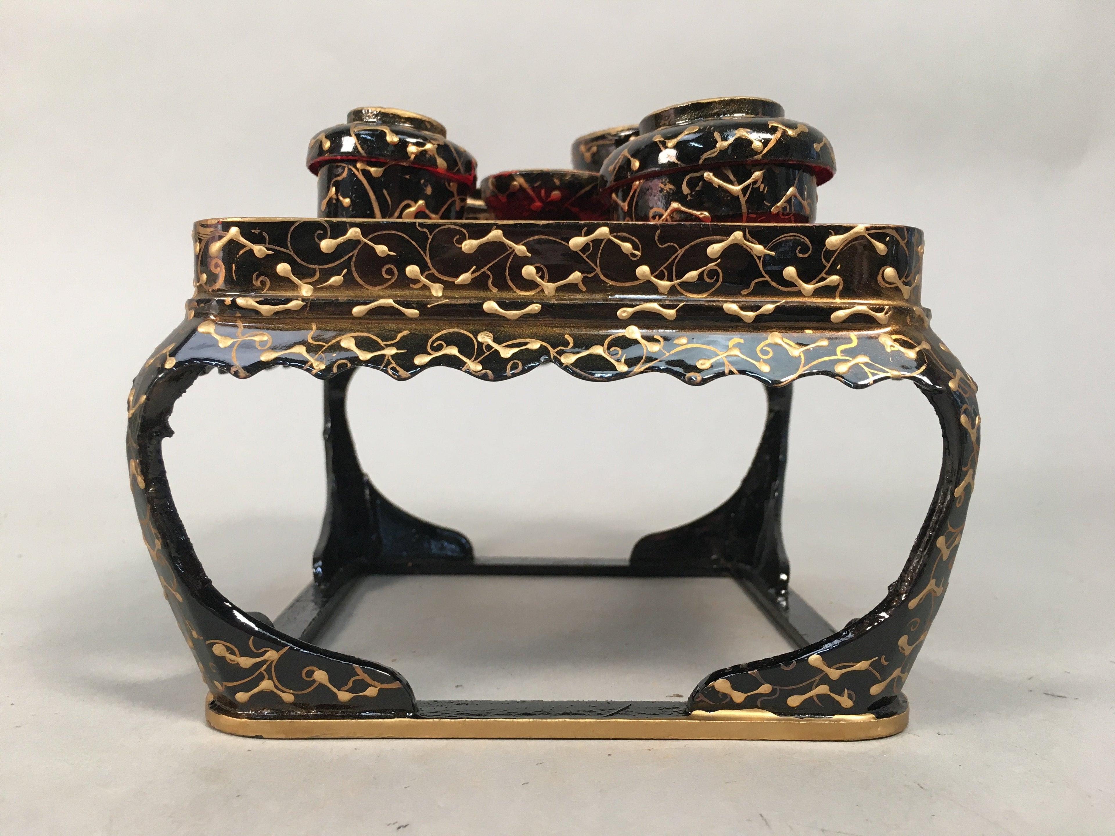 Japanese Hina Doll Tray Bowl Set Vtg Lacquer Gold Makie Wood Miniature ID352