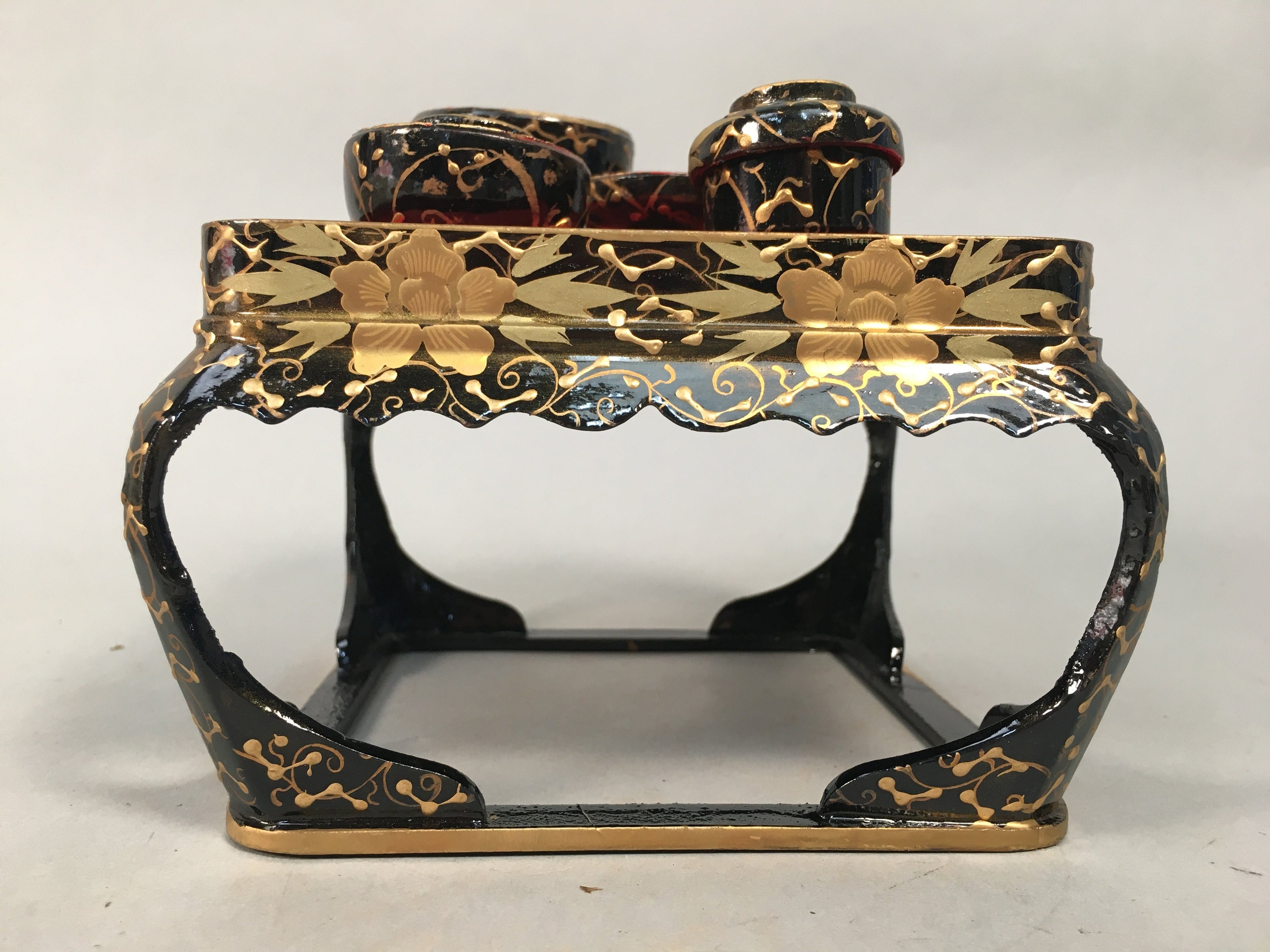 Japanese Hina Doll Tray Bowl Set Vtg Lacquer Gold Makie Wood Miniature ID352