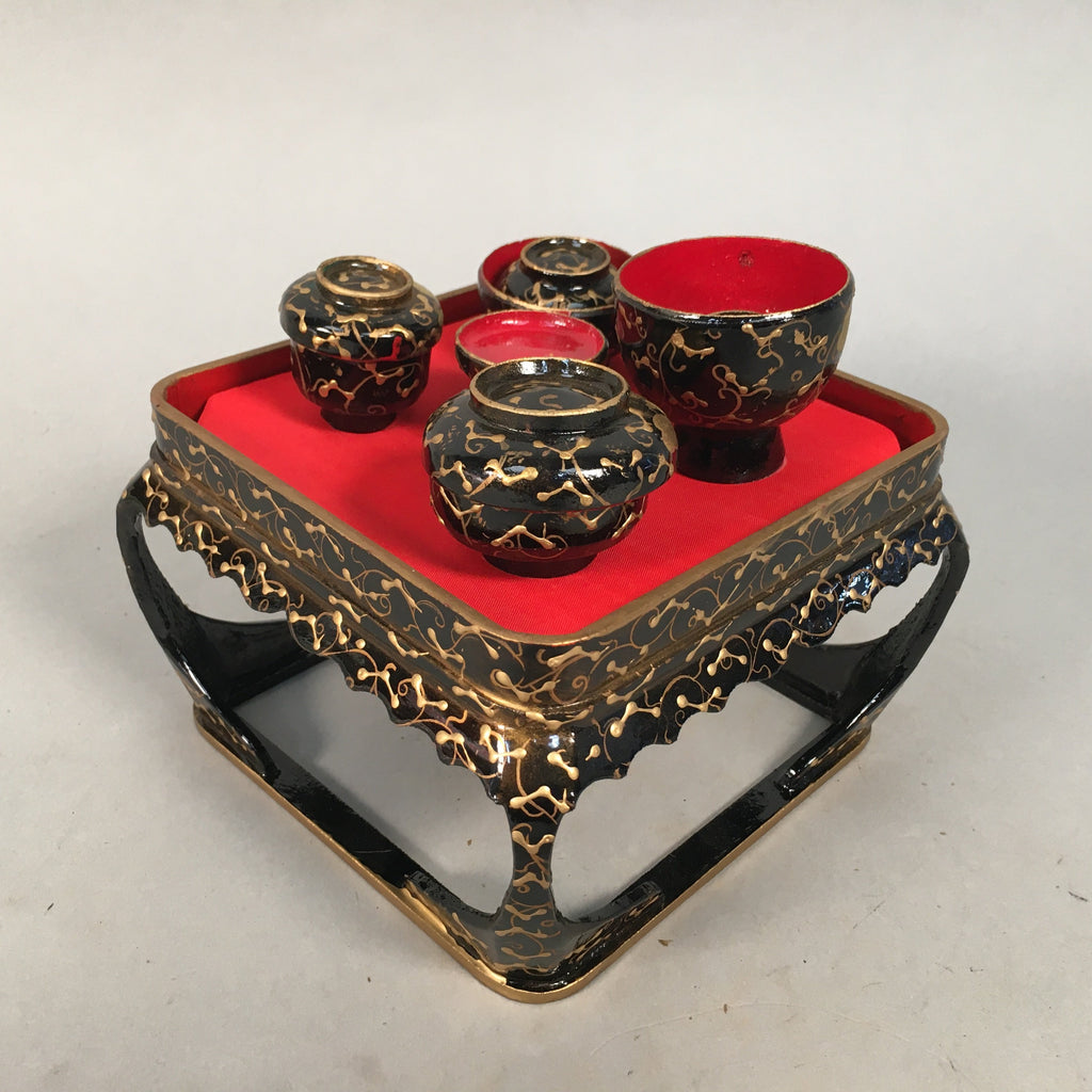 Japanese Hina Doll Tray Bowl Set Vtg Lacquer Gold Makie Wood Miniature ID352