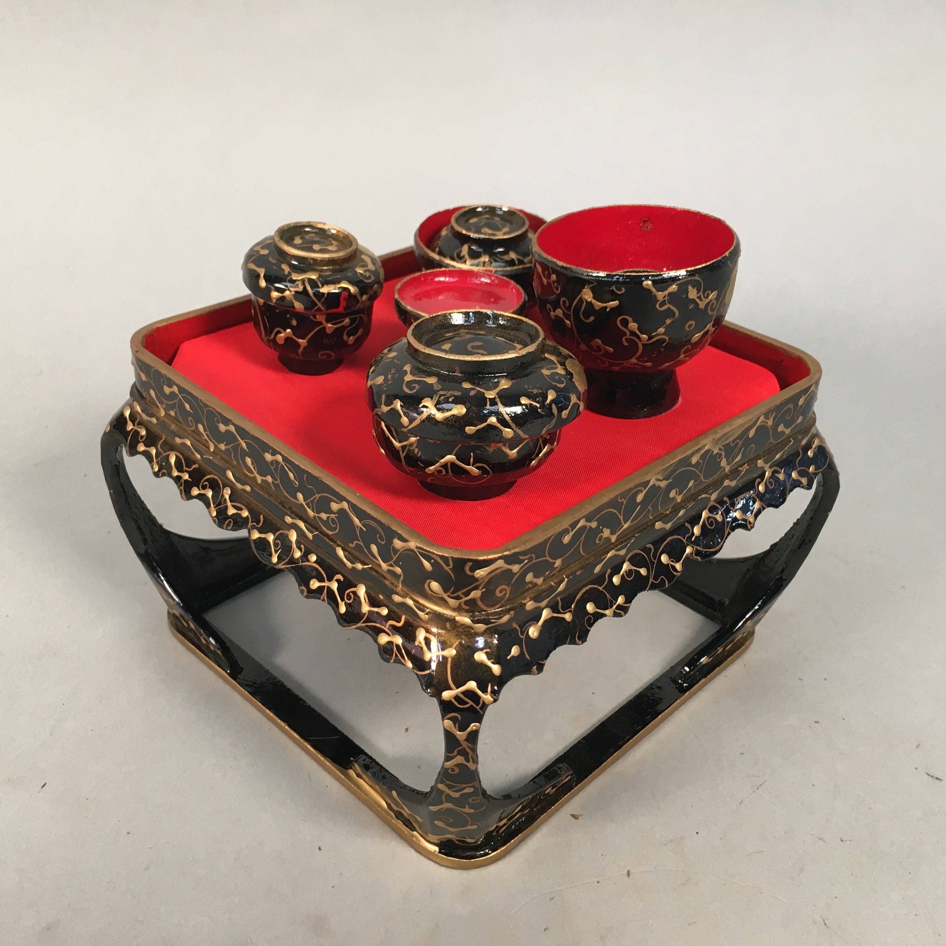 Japanese Hina Doll Tray Bowl Set Vtg Lacquer Gold Makie Wood Miniature ID352