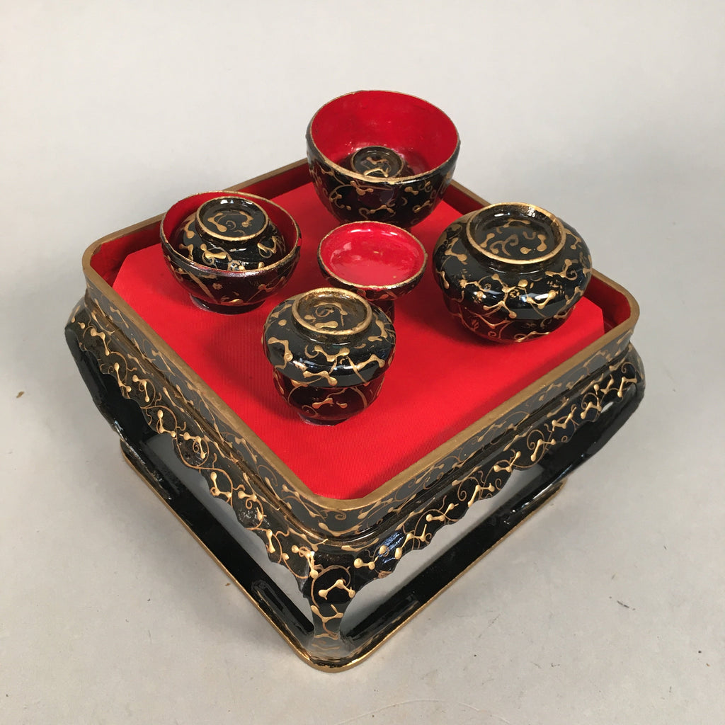 Japanese Hina Doll Tray Bowl Set Vtg Lacquer Gold Makie Wood Miniature ID352