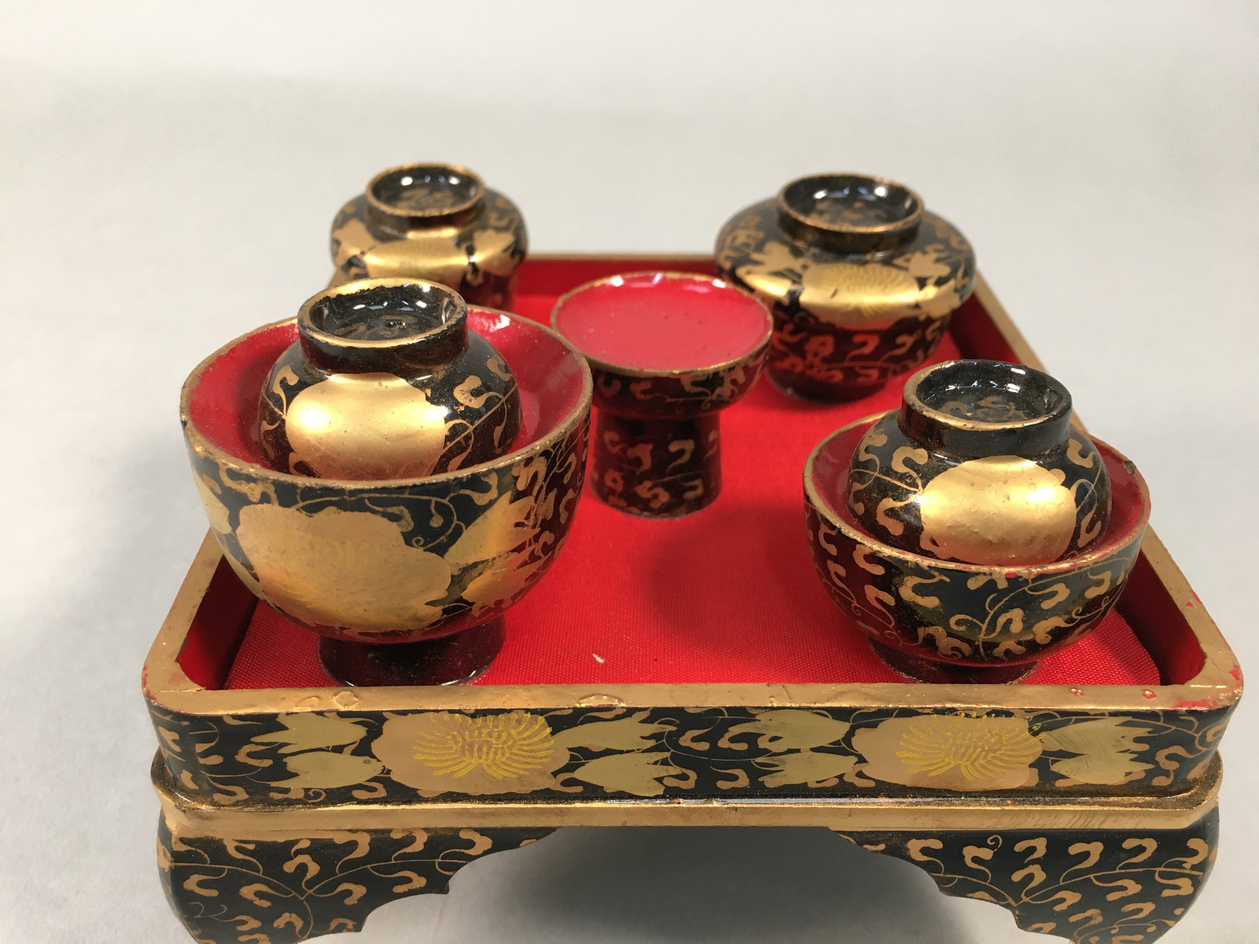 Japanese Hina Doll Tray Bowl Set Vtg Lacquer Gold Makie Wood Miniature ID362