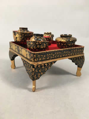 Japanese Hina Doll Tray Bowl Set Vtg Lacquer Gold Makie Wood Miniature ID362