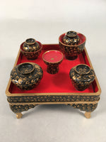 Japanese Hina Doll Tray Bowl Set Vtg Lacquer Gold Makie Wood Miniature ID363