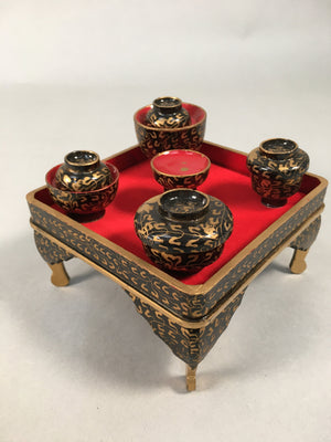 Japanese Hina Doll Tray Bowl Set Vtg Lacquer Gold Makie Wood Miniature ID363