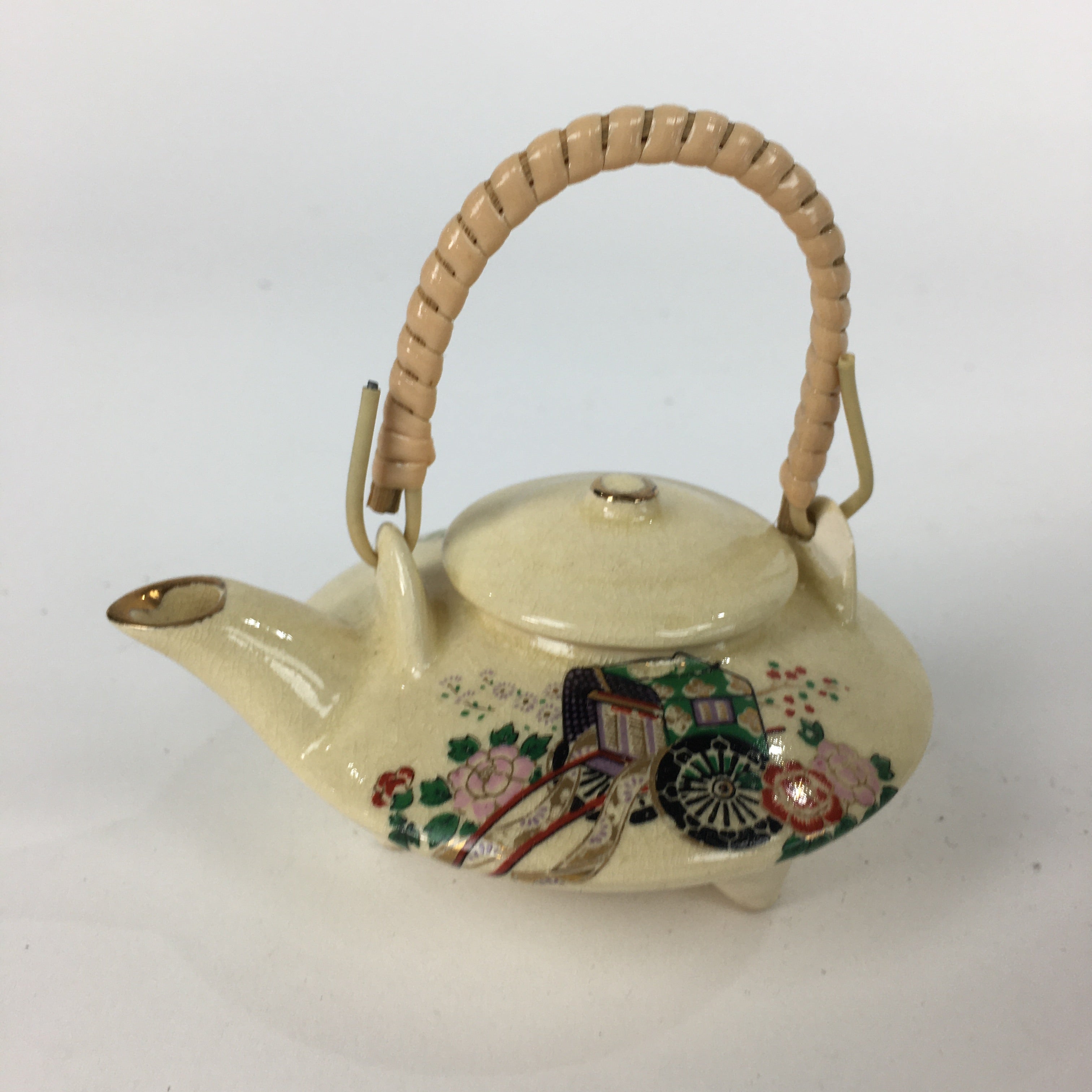 Japanese Hina Doll Tray Cups Teapot Vtg Lacquer Gold Makie Wood Miniature ID412