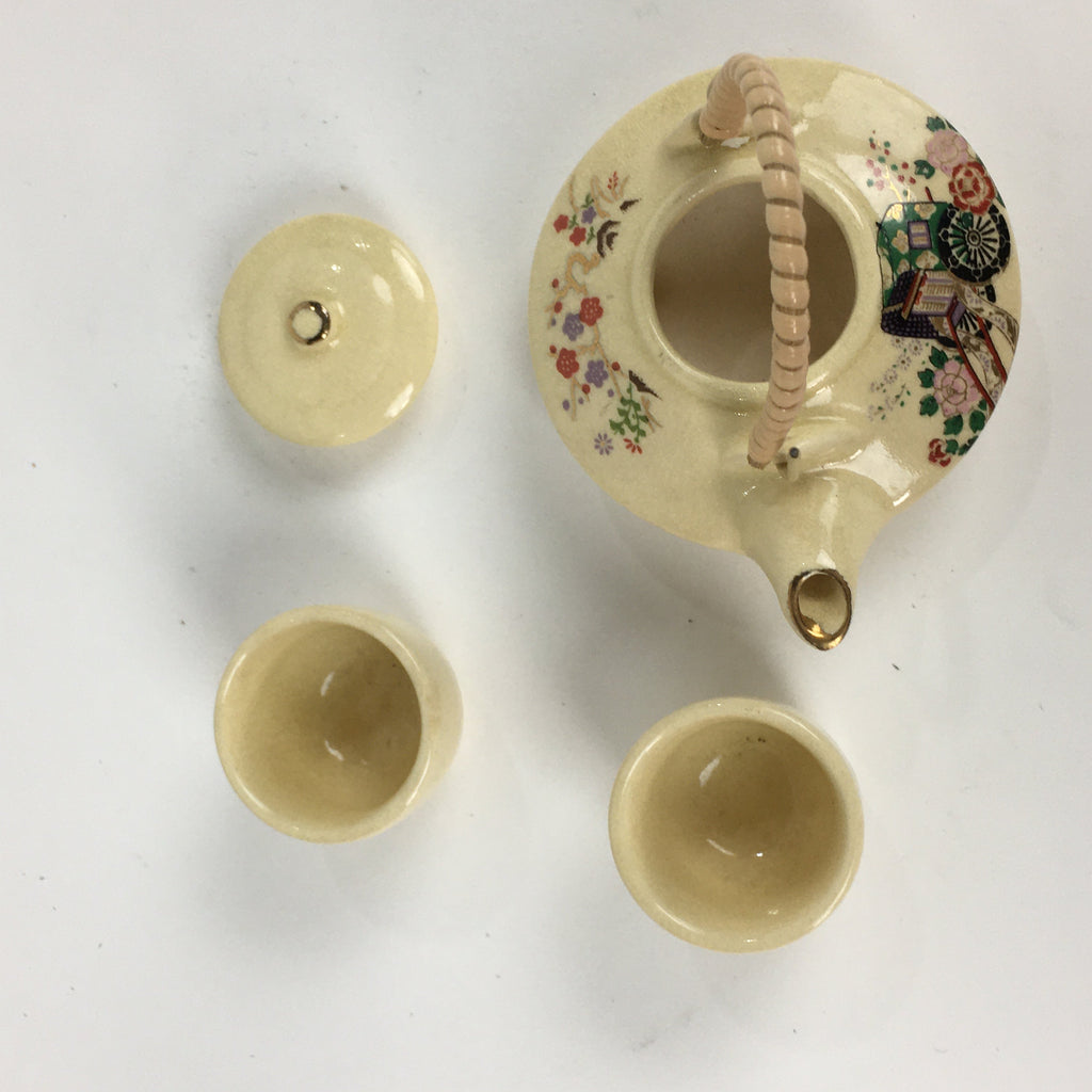 Japanese Hina Doll Tray Cups Teapot Vtg Lacquer Gold Makie Wood Miniature ID412