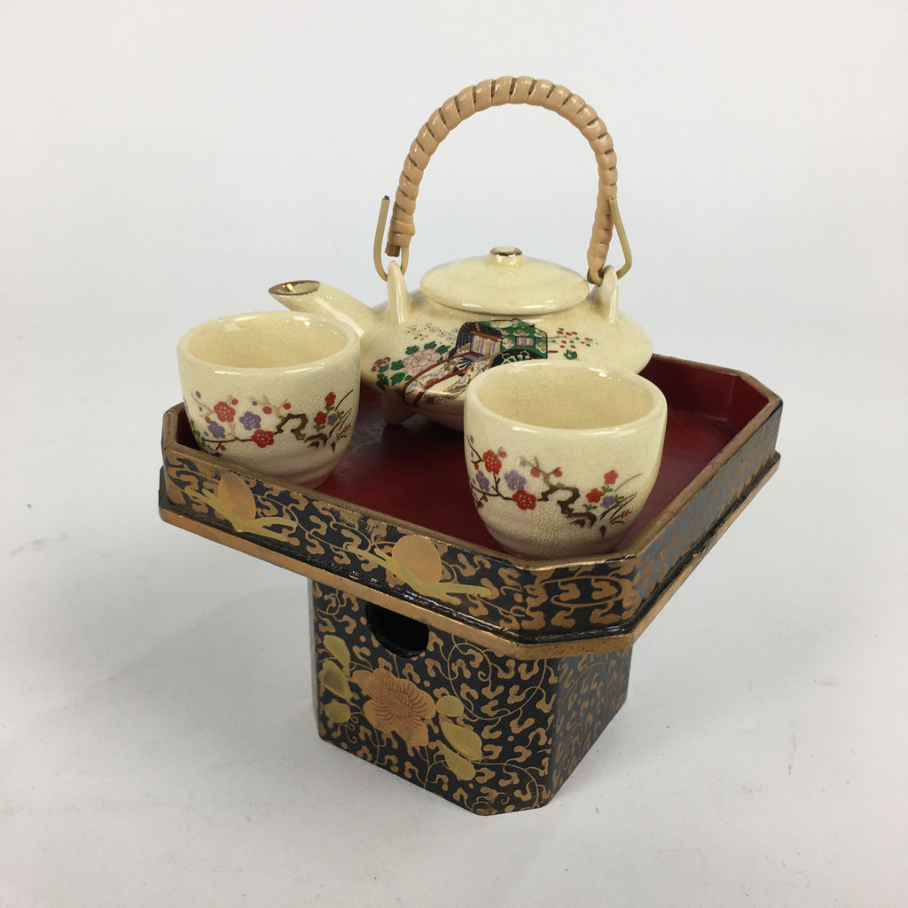 Japanese Hina Doll Tray Cups Teapot Vtg Lacquer Gold Makie Wood Miniature ID412