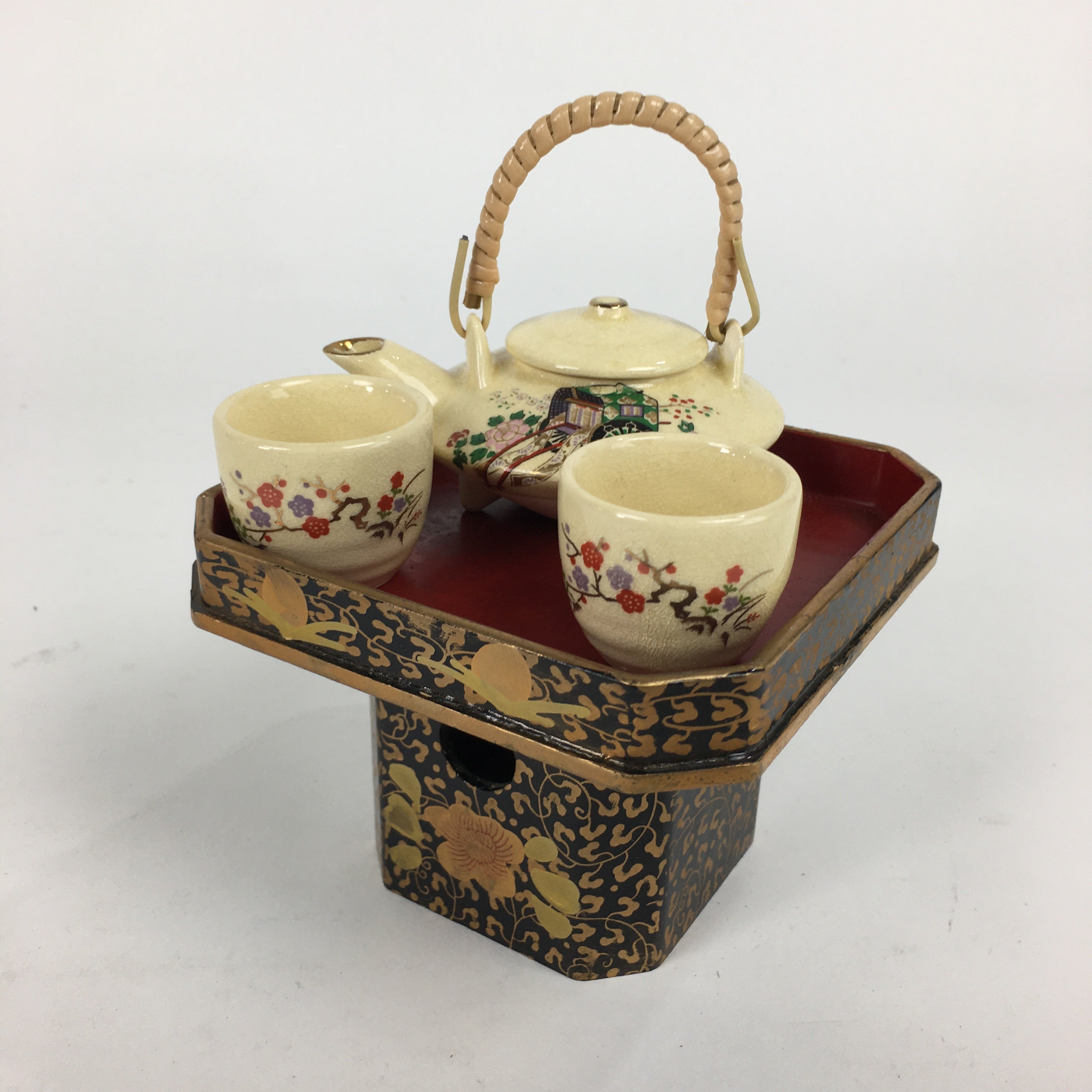 Japanese Hina Doll Tray Cups Teapot Vtg Lacquer Gold Makie Wood Miniature ID412