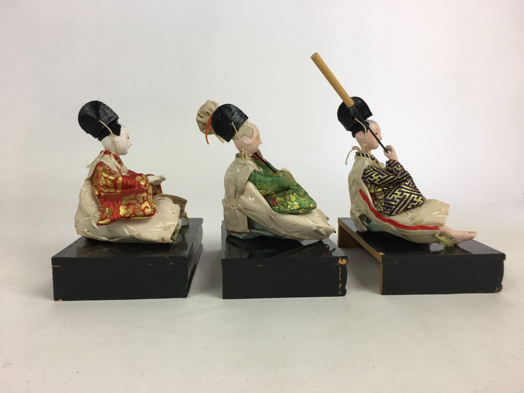 Japanese Hina Doll Vtg Three servants 3 dolls Set Girls Day Kimono Wood Stand ID