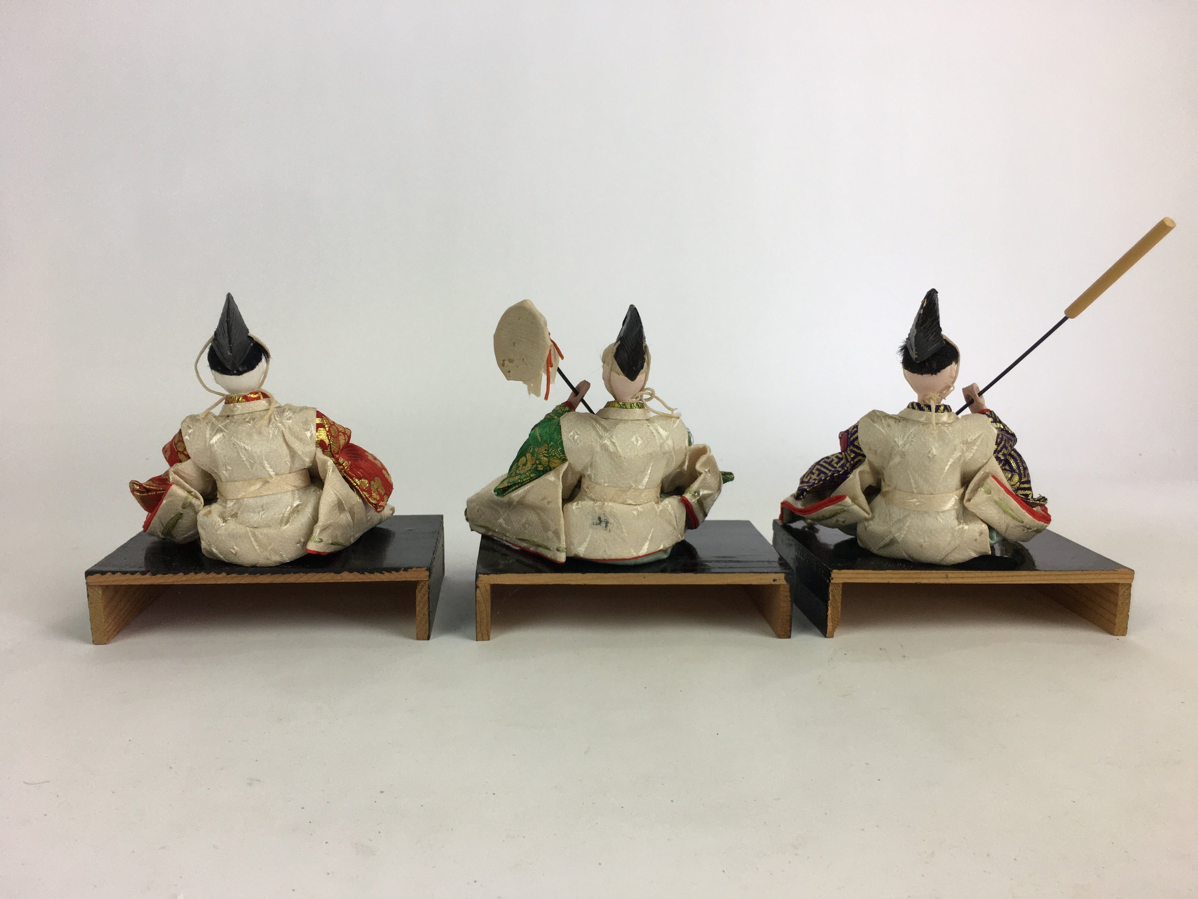 Japanese Hina Doll Vtg Three servants 3 dolls Set Girls Day Kimono Wood Stand ID