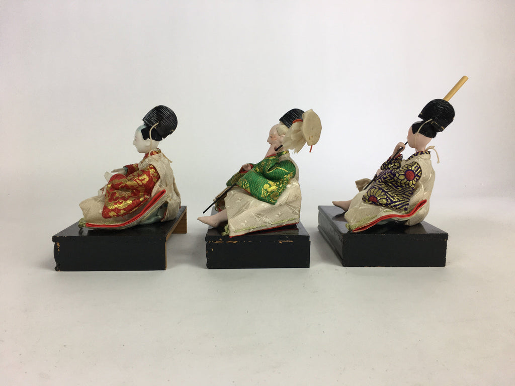 Japanese Hina Doll Vtg Three servants 3 dolls Set Girls Day Kimono Wood Stand ID