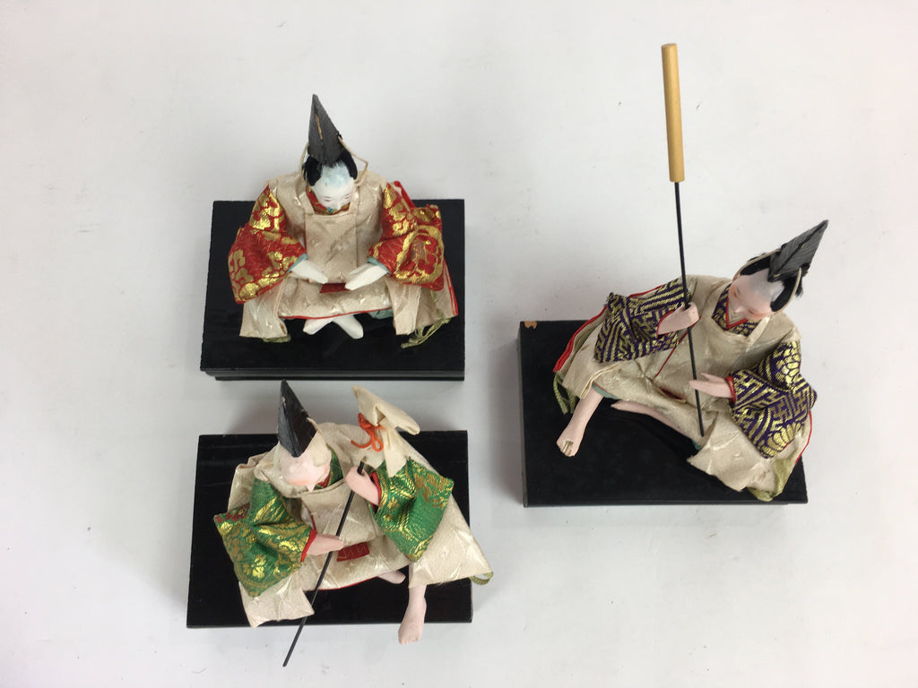 Japanese Hina Doll Vtg Three servants 3 dolls Set Girls Day Kimono Wood Stand ID