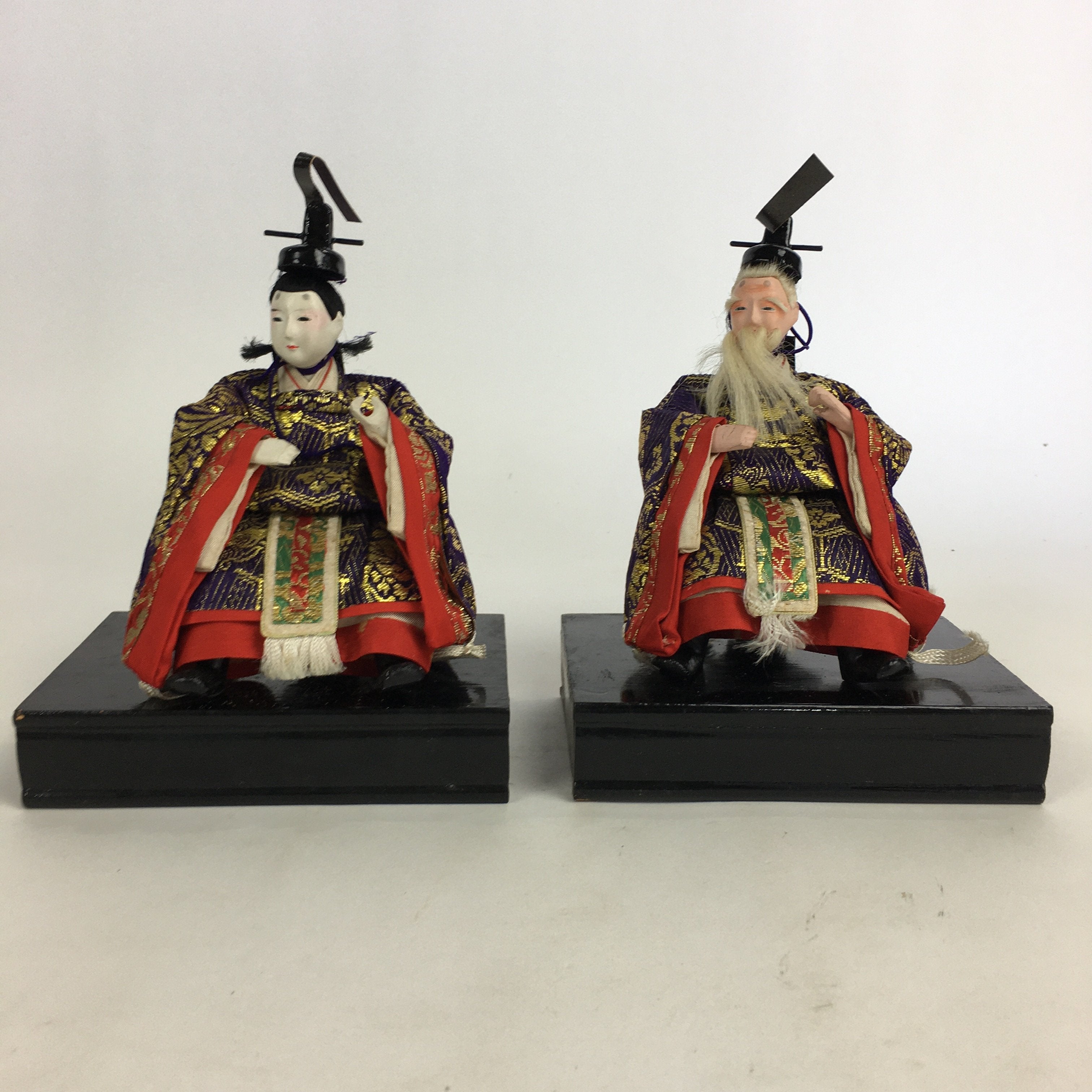 Japanese Hina Doll Vtg Two Ministers set Girls Day Kimono Man Wood Stand ID391