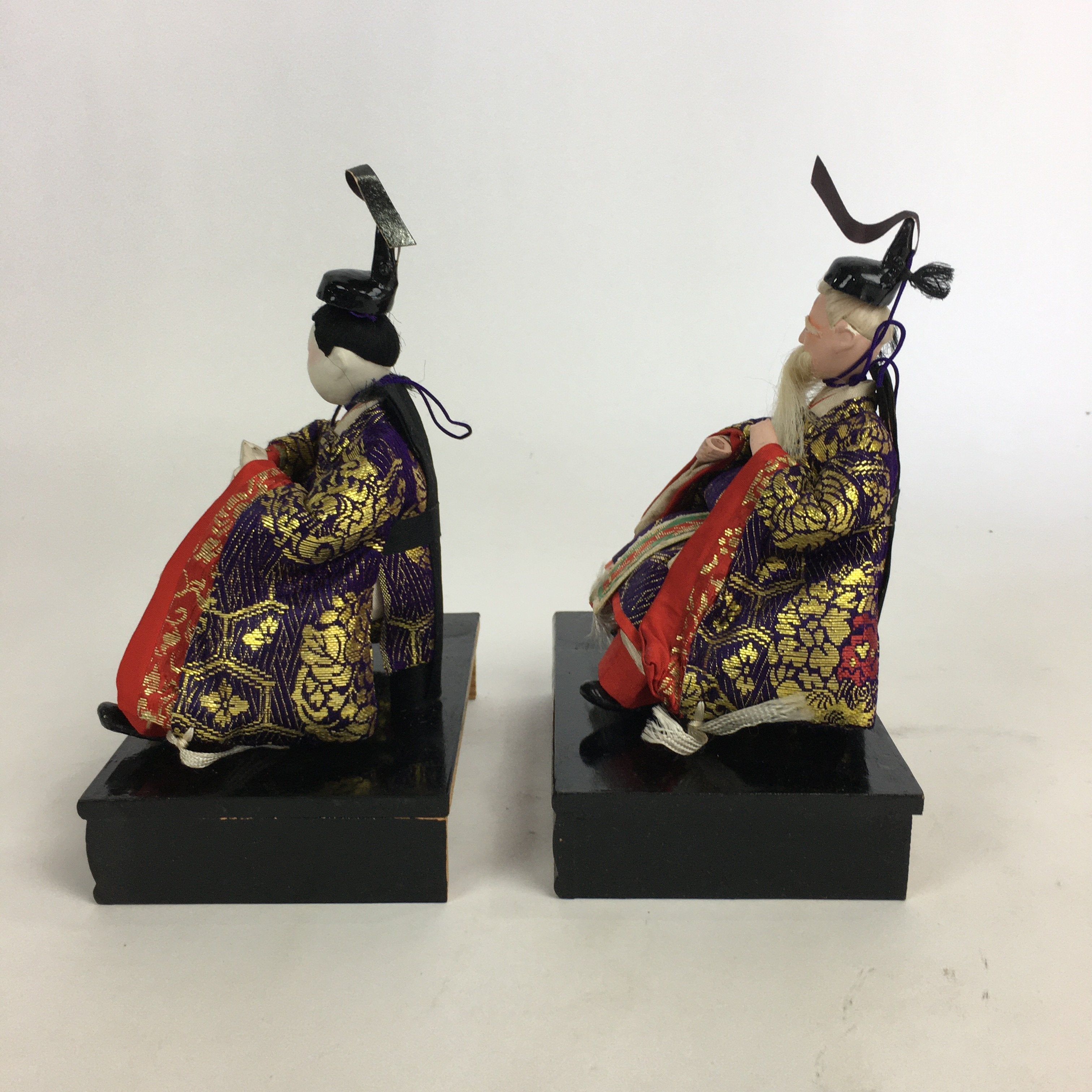 Japanese Hina Doll Vtg Two Ministers set Girls Day Kimono Man Wood Stand ID391