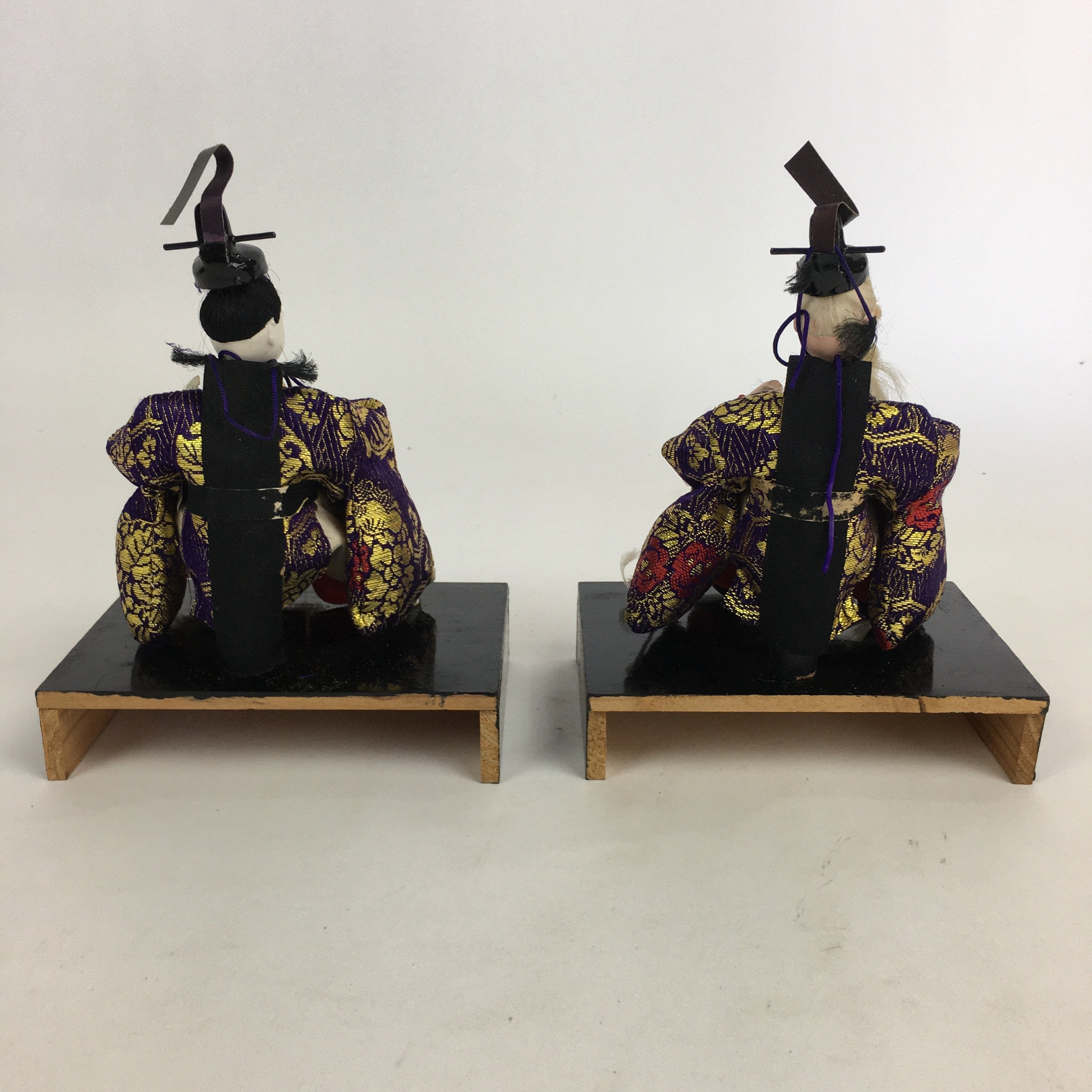 Japanese Hina Doll Vtg Two Ministers set Girls Day Kimono Man Wood Stand ID391