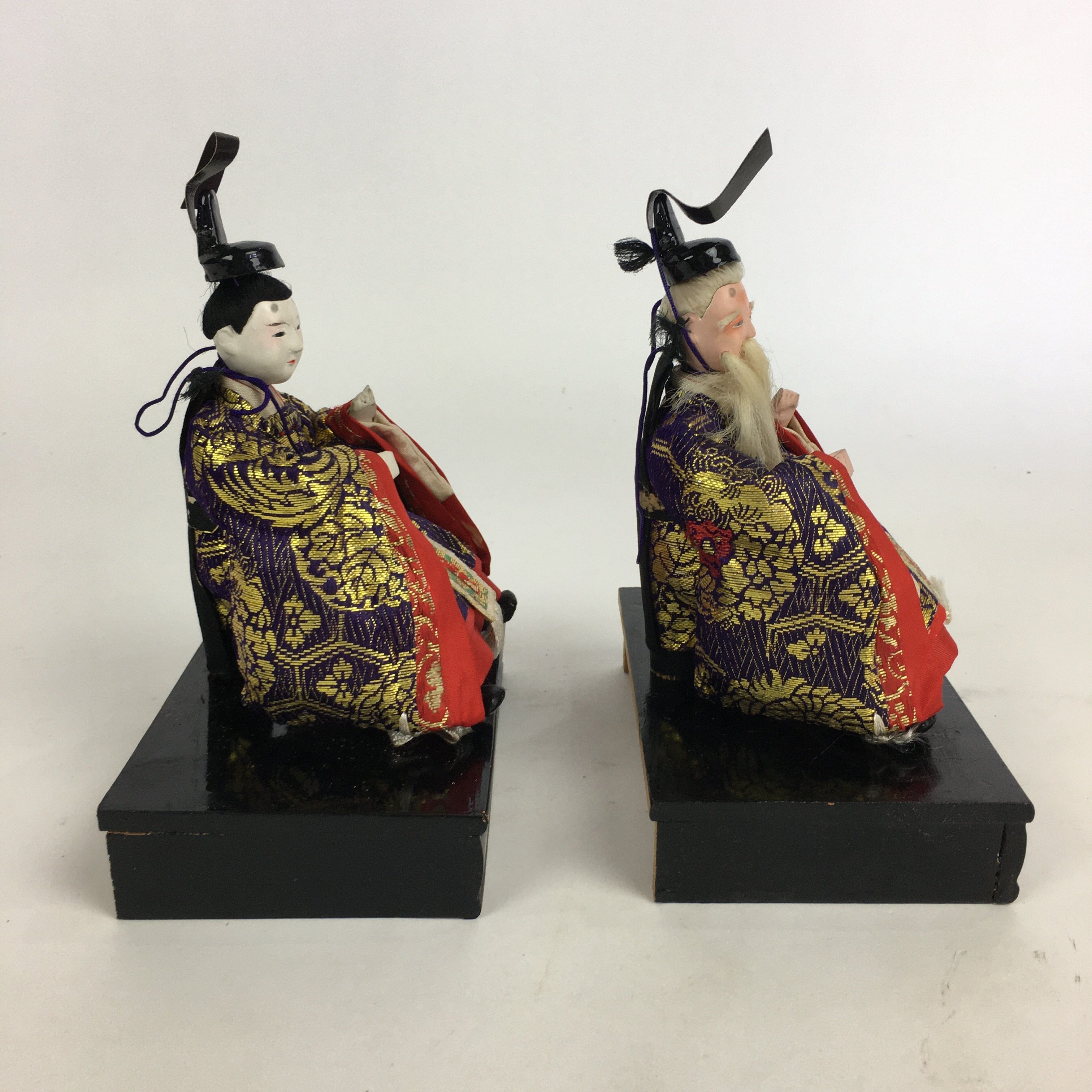 Japanese Hina Doll Vtg Two Ministers set Girls Day Kimono Man Wood Stand ID391