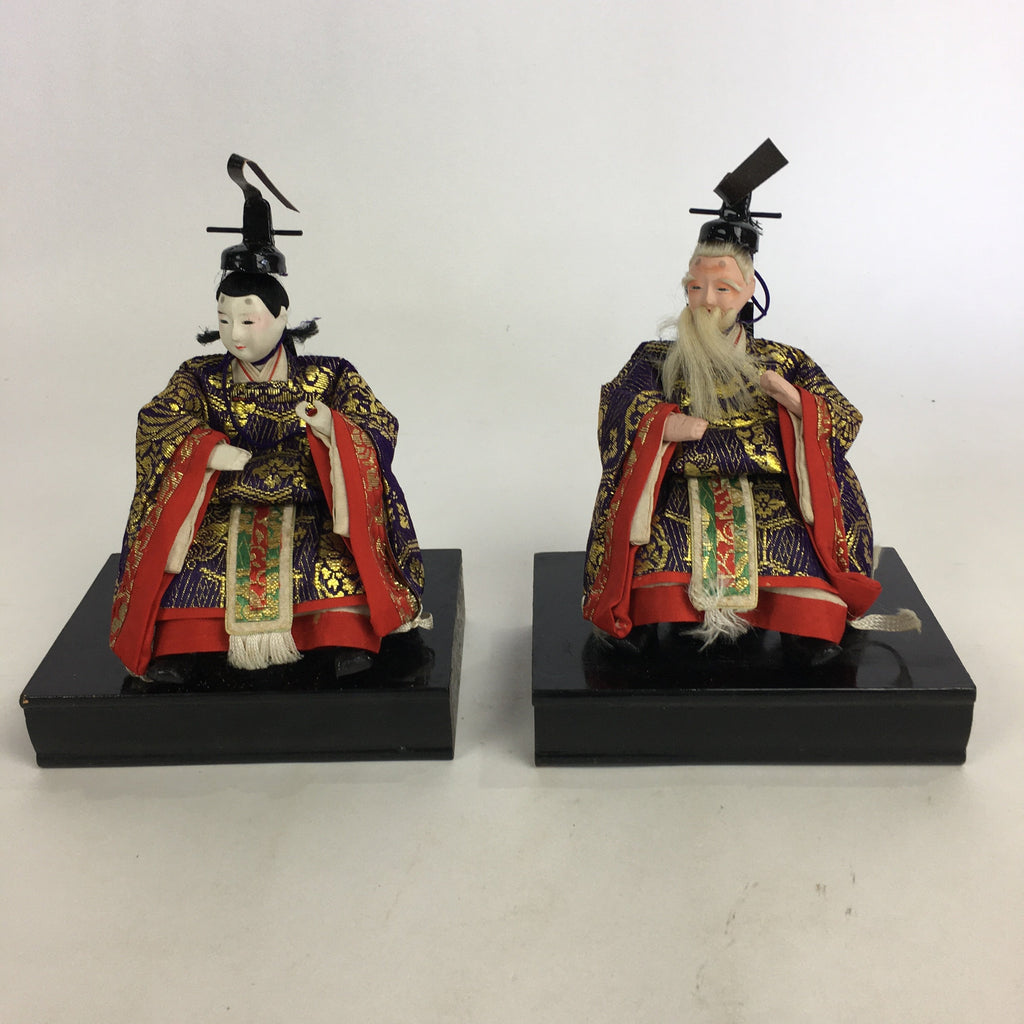 Japanese Hina Doll Vtg Two Ministers set Girls Day Kimono Man Wood Stand ID391