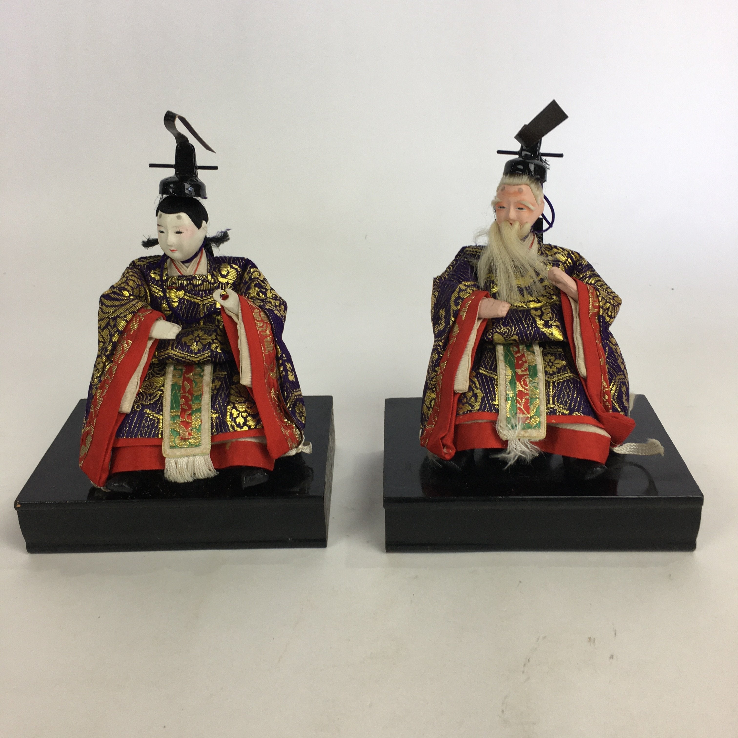 Japanese Hina Doll Vtg Two Ministers set Girls Day Kimono Man Wood Stand ID391