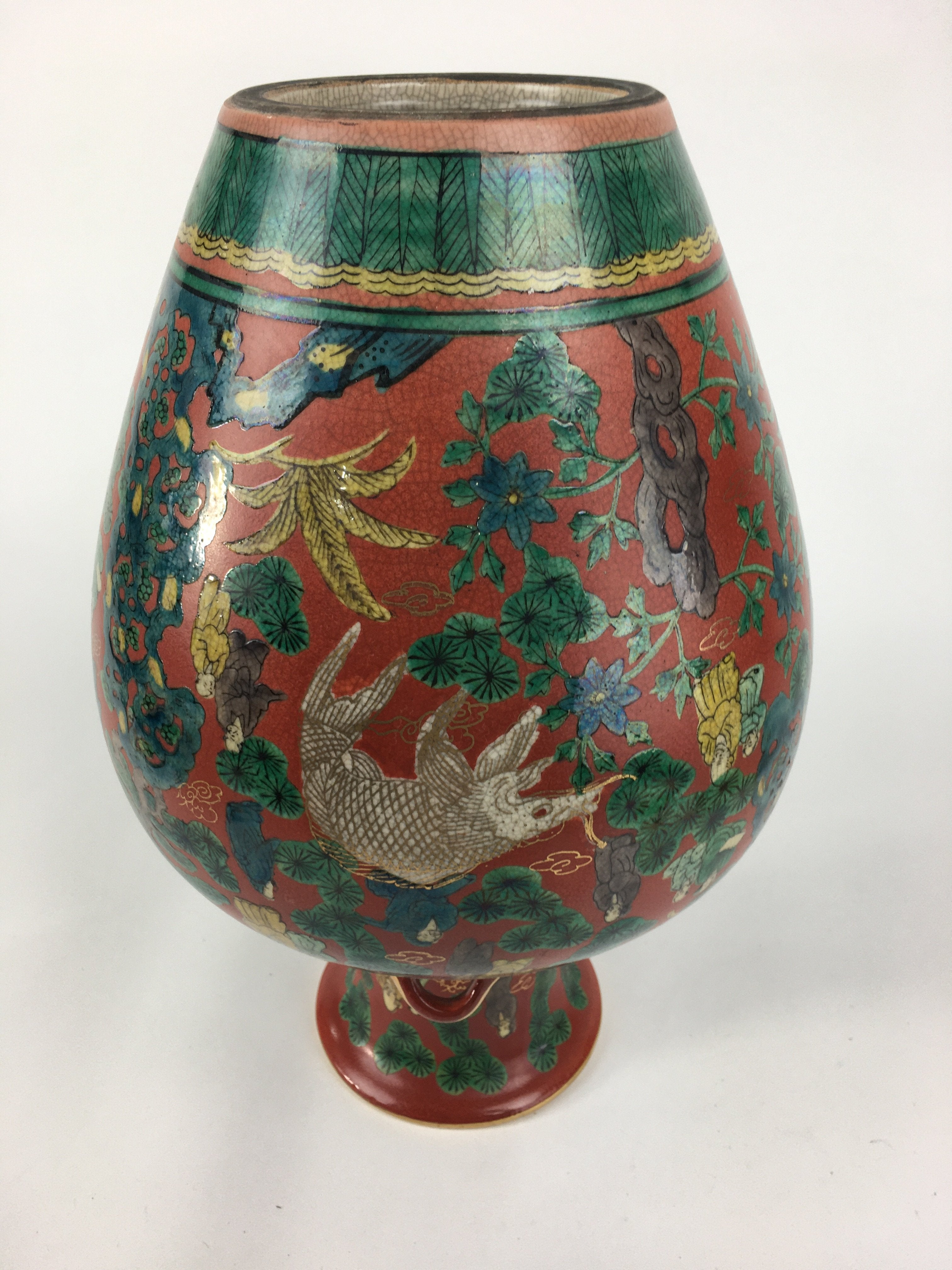 Japanese Kadofuku Kutaniyaki Flower Vase Vtg Kabin Pottery Ikebana FV911