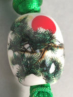 Japanese Key Chain Vtg Green Tassel Braid Porcelain Ball Pine Tree Sun JK84