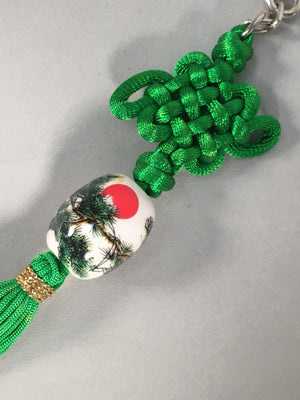 Japanese Key Chain Vtg Green Tassel Braid Porcelain Ball Pine Tree Sun JK84