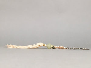 Japanese Key Chain Vtg Off-White Beige Tassel Braid Gourd Stone
