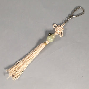 Japanese Key Chain Vtg Off-White Beige Tassel Braid Gourd Stone