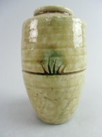 Japanese Ki Seto Ware Mini Flower Vase Vtg Pottery Beige Green Ikebana MFV37