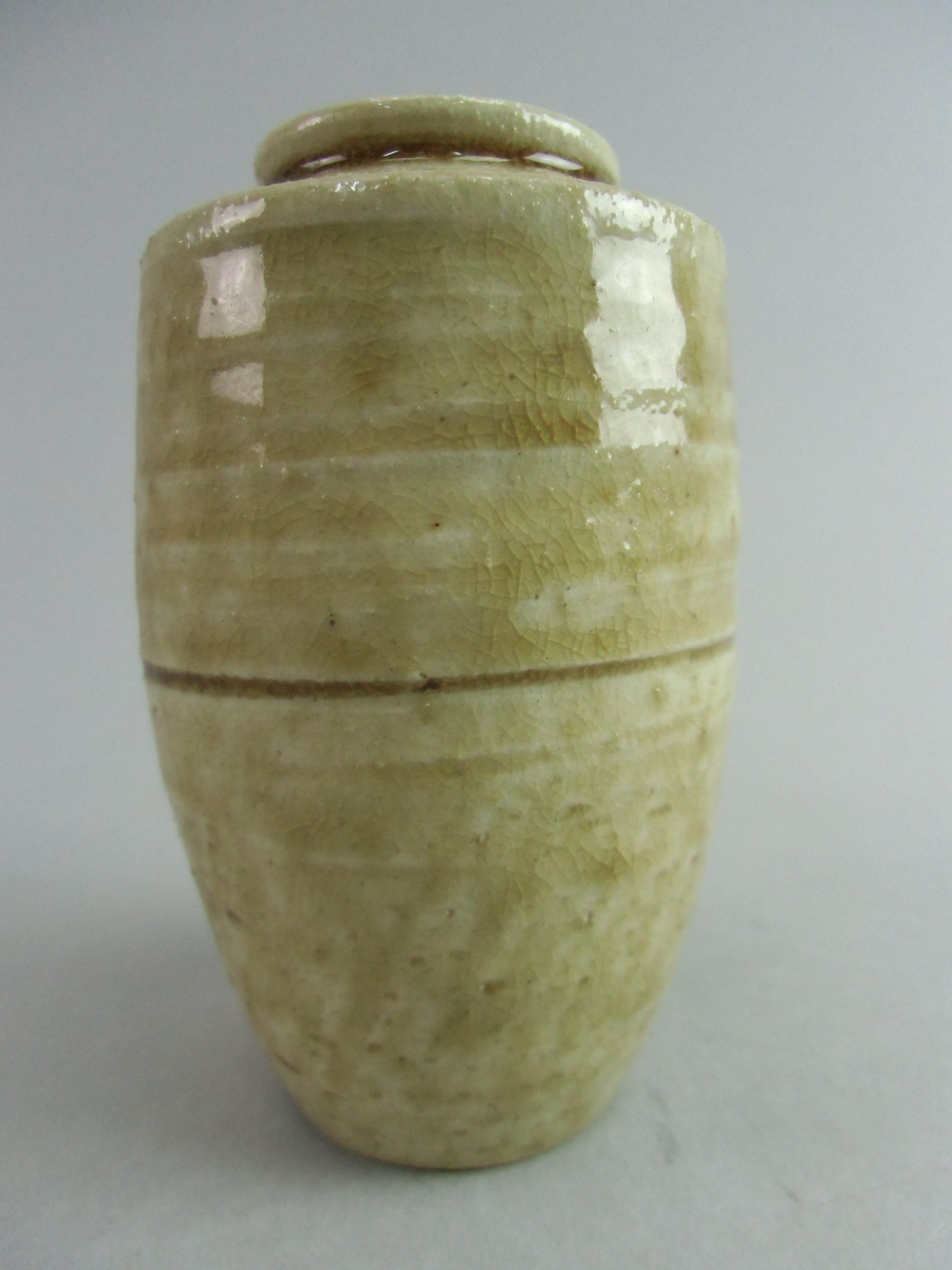 Japanese Ki Seto Ware Mini Flower Vase Vtg Pottery Beige Green Ikebana MFV37