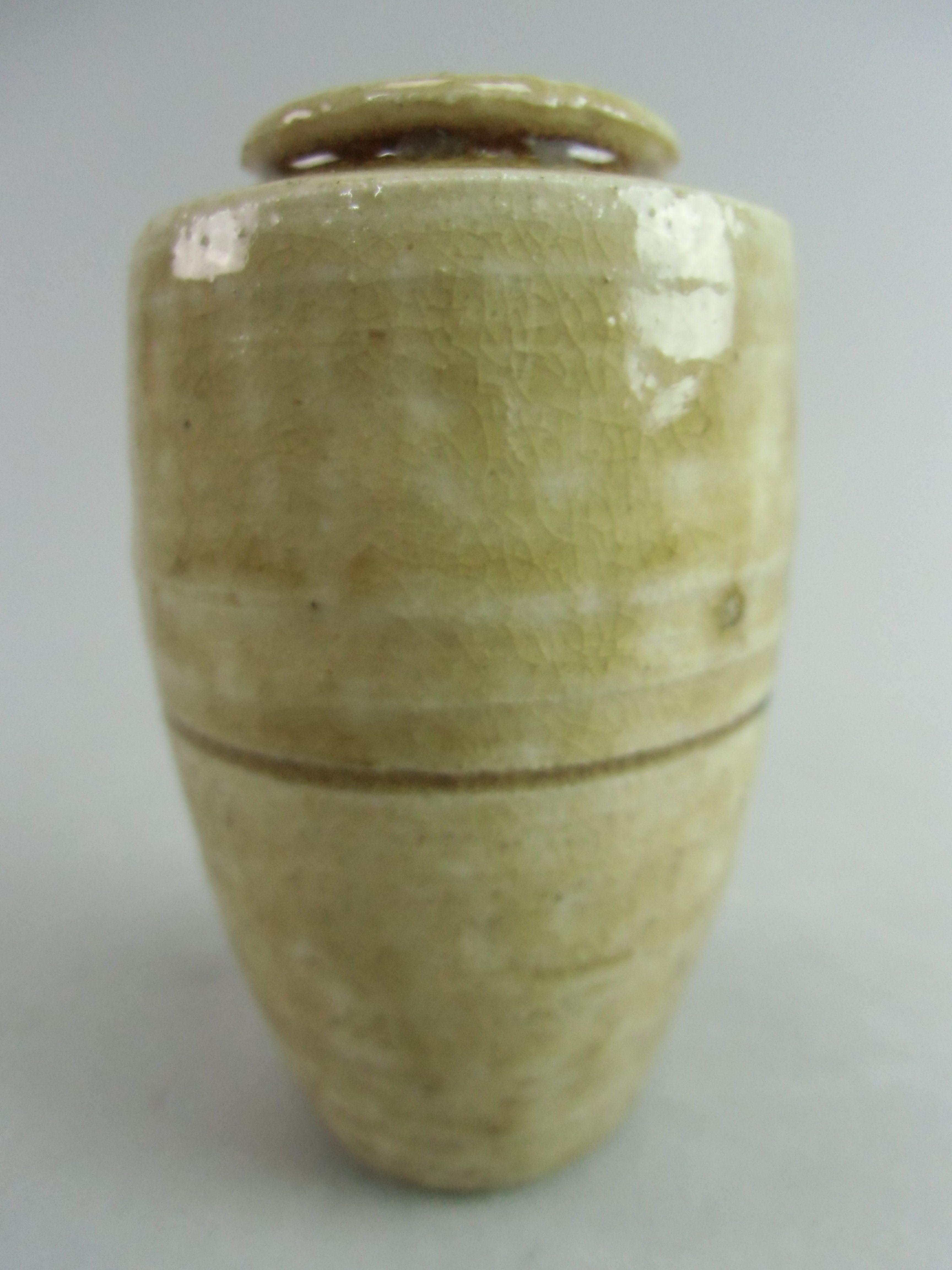 Japanese Ki Seto ware Mini Flower Vase Vtg Pottery Beige Green Ikebana MFV41