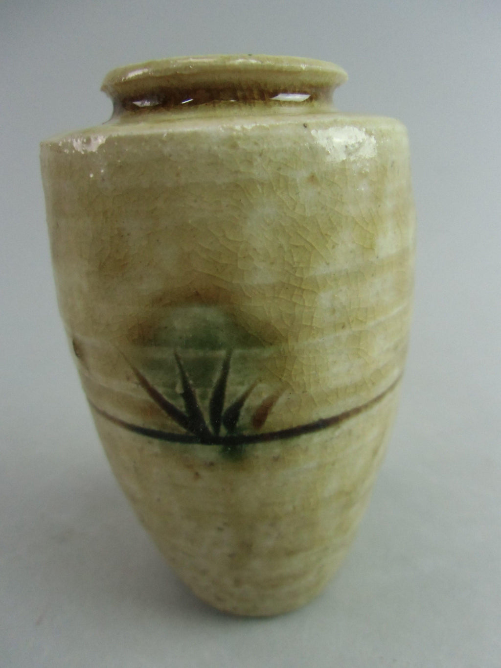 Japanese Ki Seto ware Mini Flower Vase Vtg Pottery Beige Green Ikebana MFV41