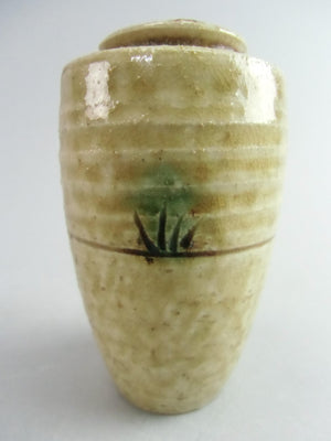 Japanese Ki Seto ware Mini Flower Vase Vtg Pottery Beige Green Ikebana MFV43