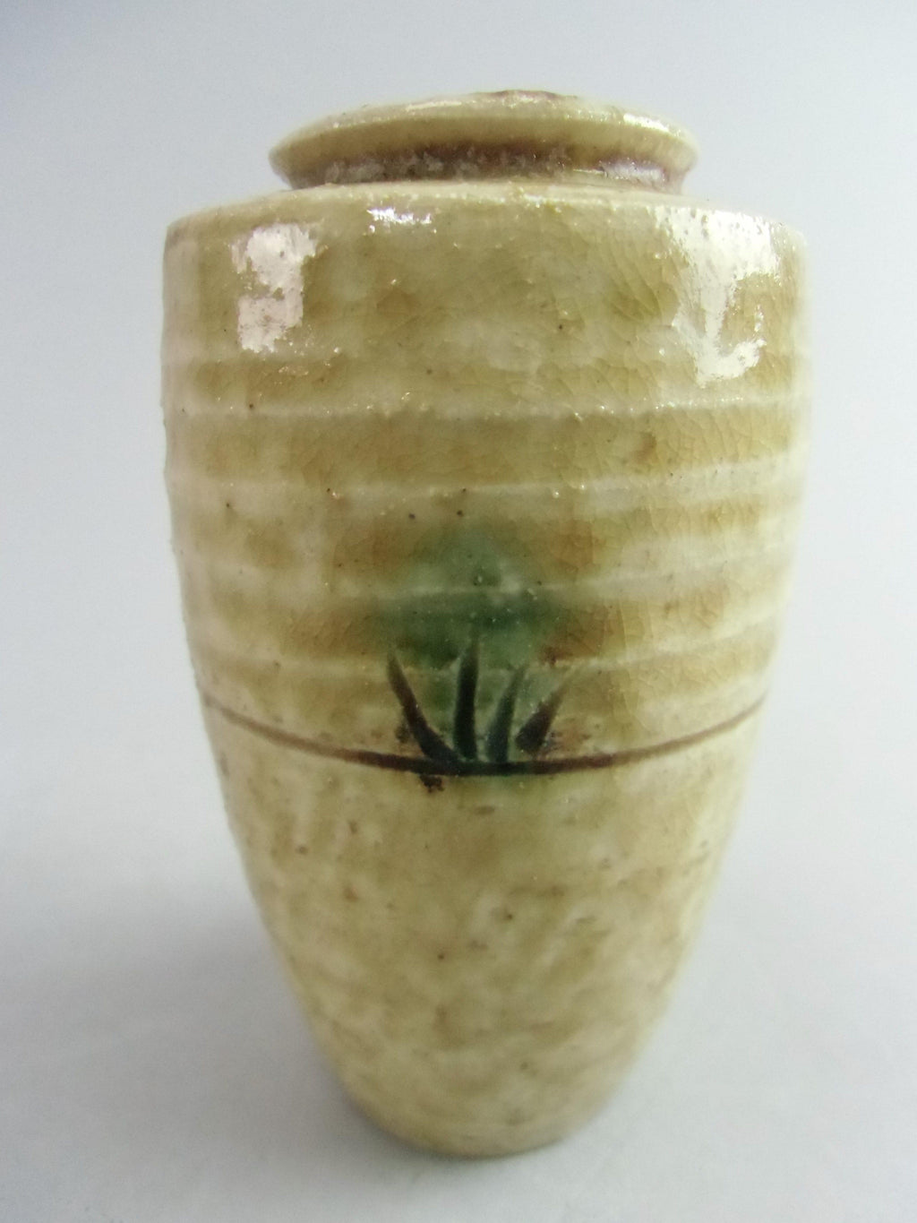 Japanese Ki Seto ware Mini Flower Vase Vtg Pottery Beige Green Ikebana MFV43