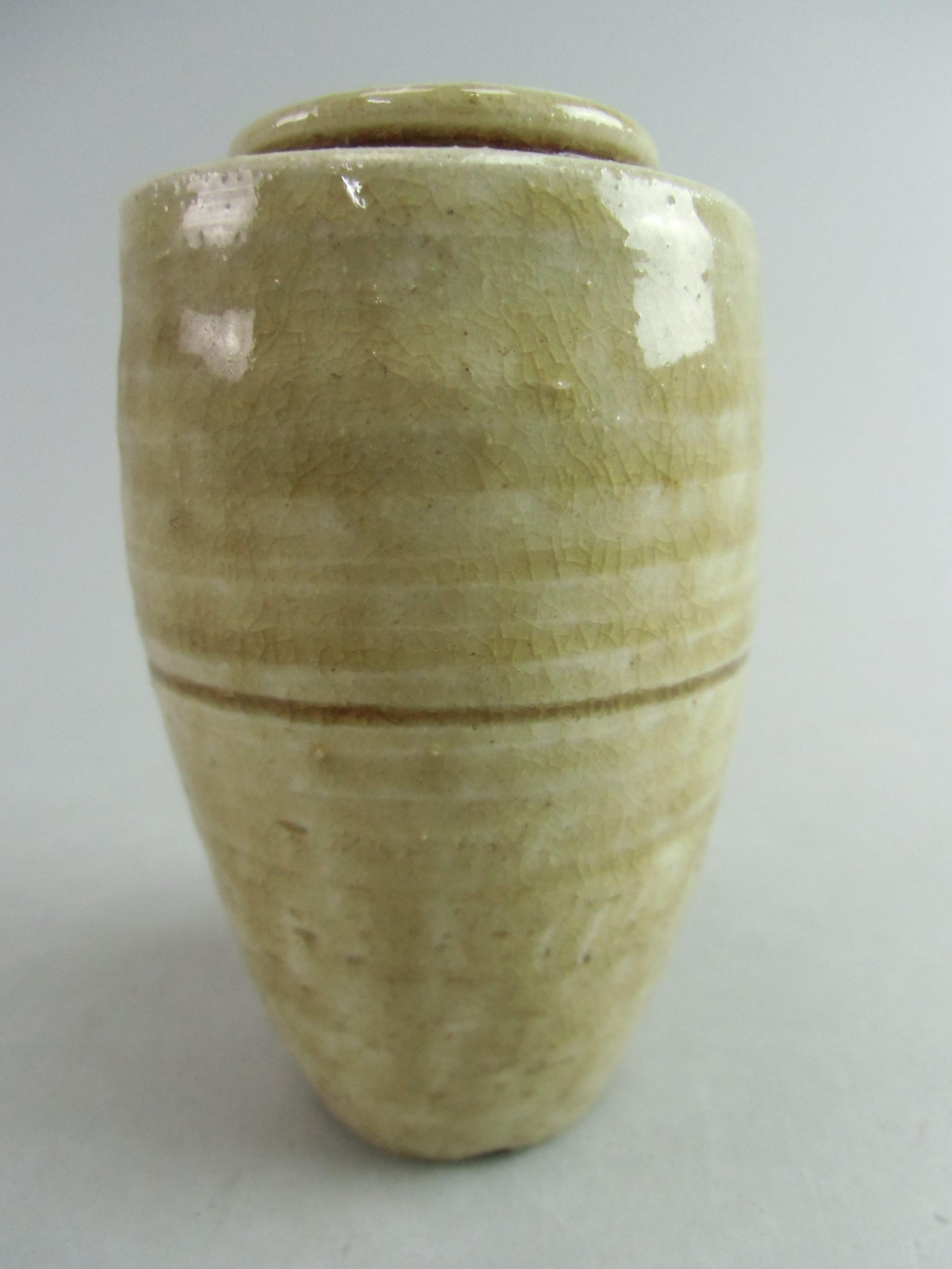 Japanese Ki Seto ware Mini Flower Vase Vtg Pottery Beige Green Ikebana MFV46