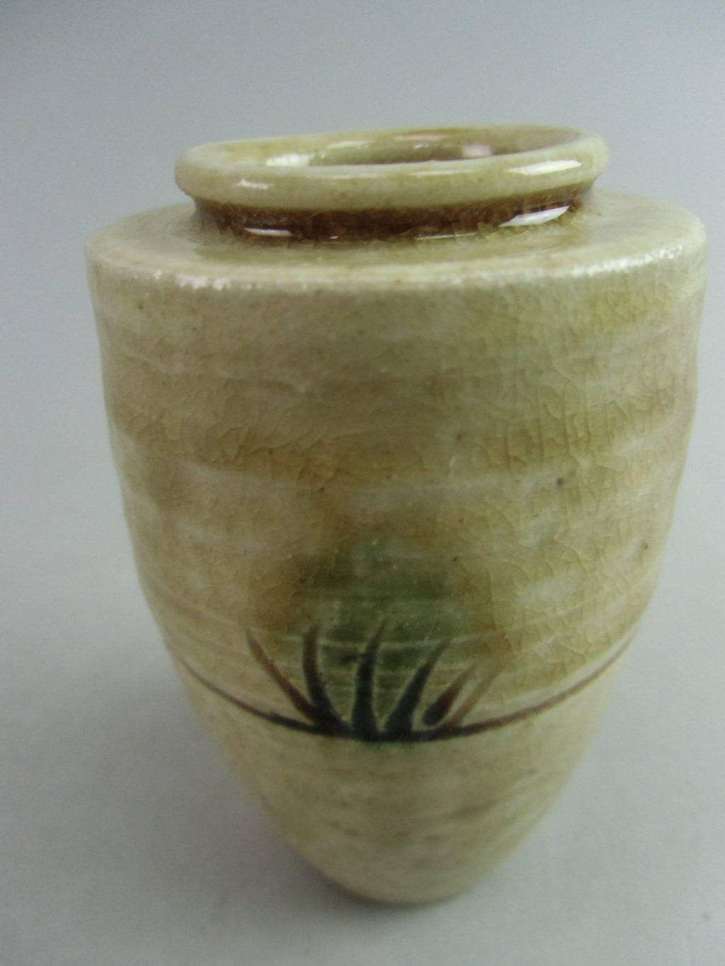 Japanese Ki Seto ware Mini Flower Vase Vtg Pottery Beige Green Ikebana MFV46