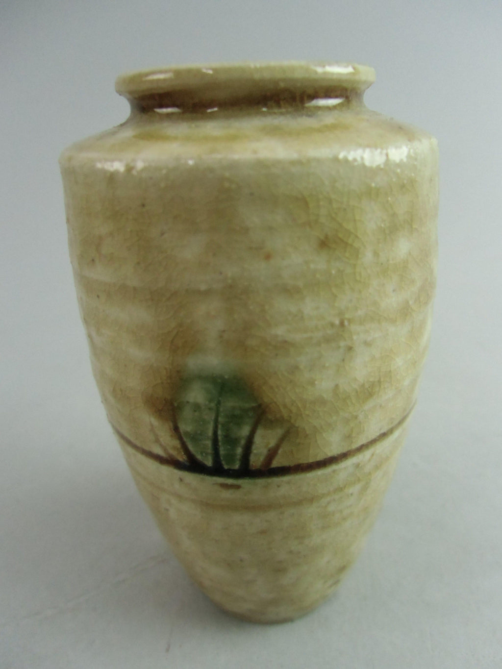 Japanese Ki Seto ware Mini Flower Vase Vtg Pottery Beige Green Ikebana MFV48